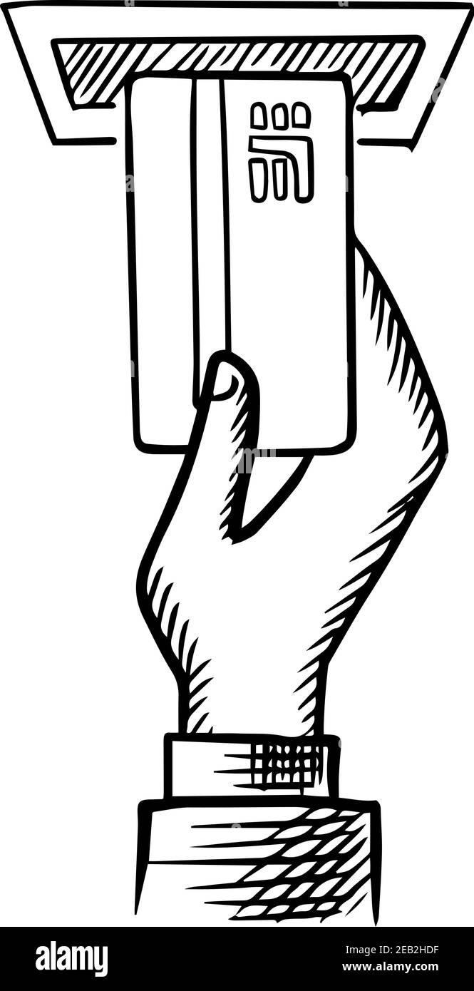 Insérez à la main une carte de crédit en plastique dans la fente de distributeur automatique de billets isolée sur fond blanc, avec un style d'esquisse de contour Illustration de Vecteur