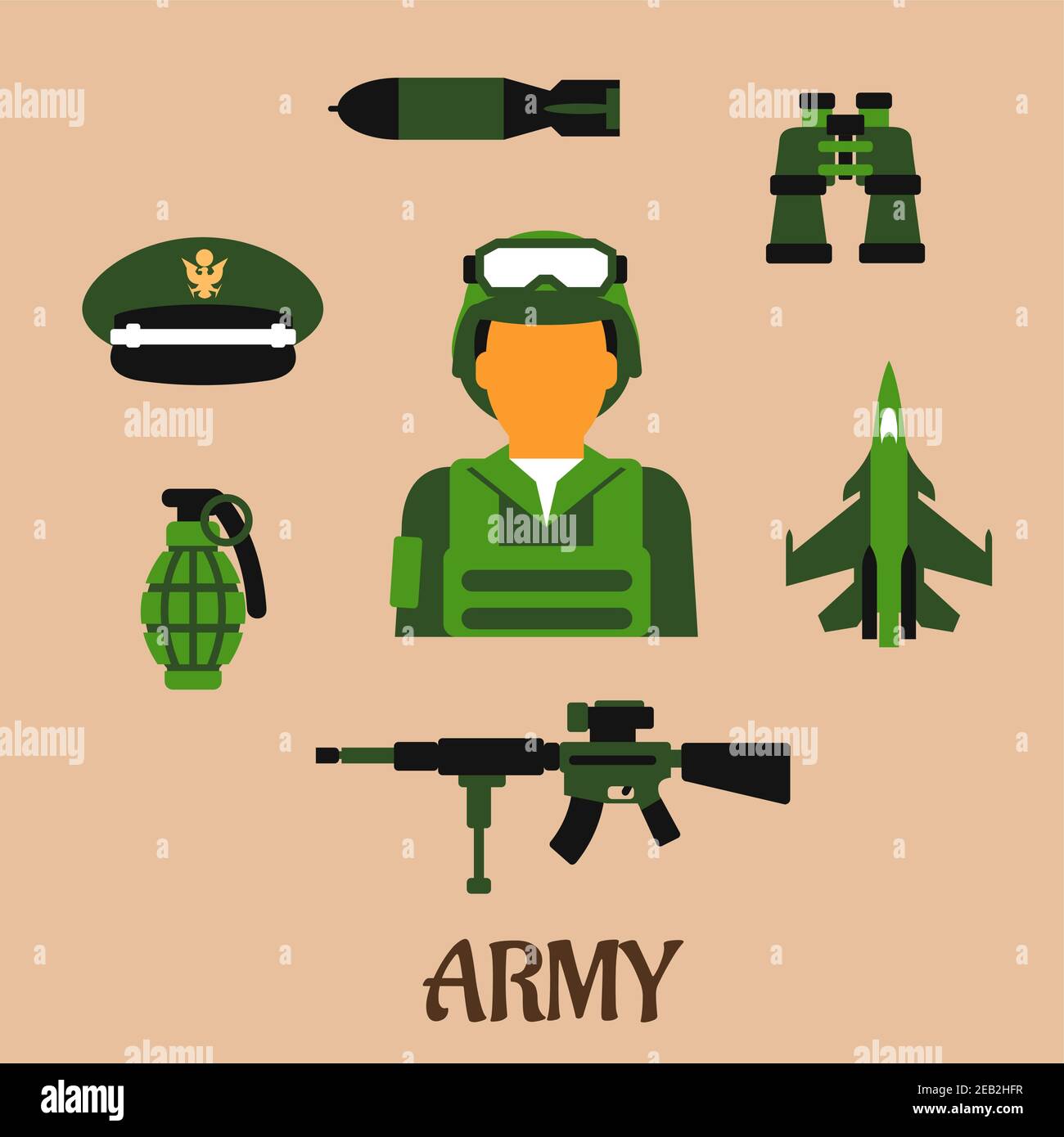 Icônes plates de l'armée avec soldat portant l'uniforme de combat de l'armée, le casque et l'armure du corps, entouré par la grenade à main, la casquette à visière, les jumelles, la bombe à air, l'air Illustration de Vecteur