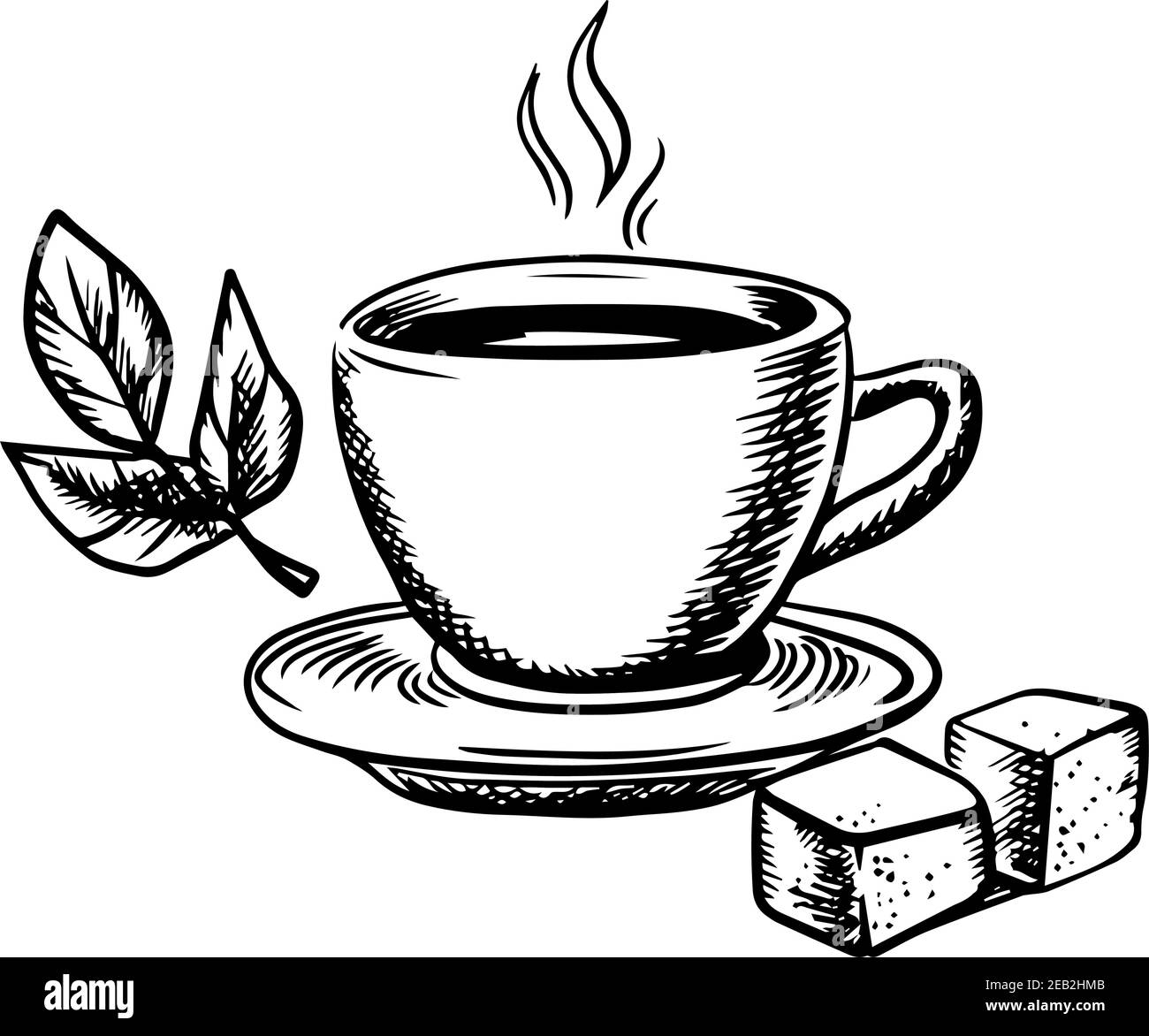 Tasse de thé chaud à la vapeur avec soucoupe, cubes de sucre et feuilles de menthe fraîche isolées sur fond blanc, style esquisse Illustration de Vecteur