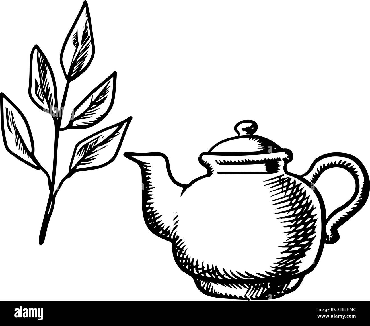 Théière en céramique avec feuilles de thé fraîches isolées sur fond blanc, style esquisse Illustration de Vecteur