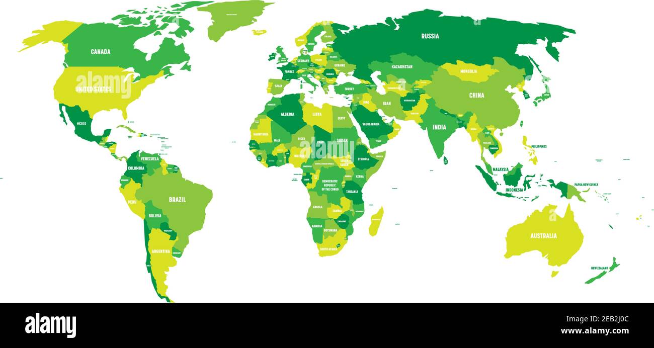 Carte politique du monde en vert avec les noms de pays. Isolé sur fond blanc. Illustration vectorielle. Illustration de Vecteur