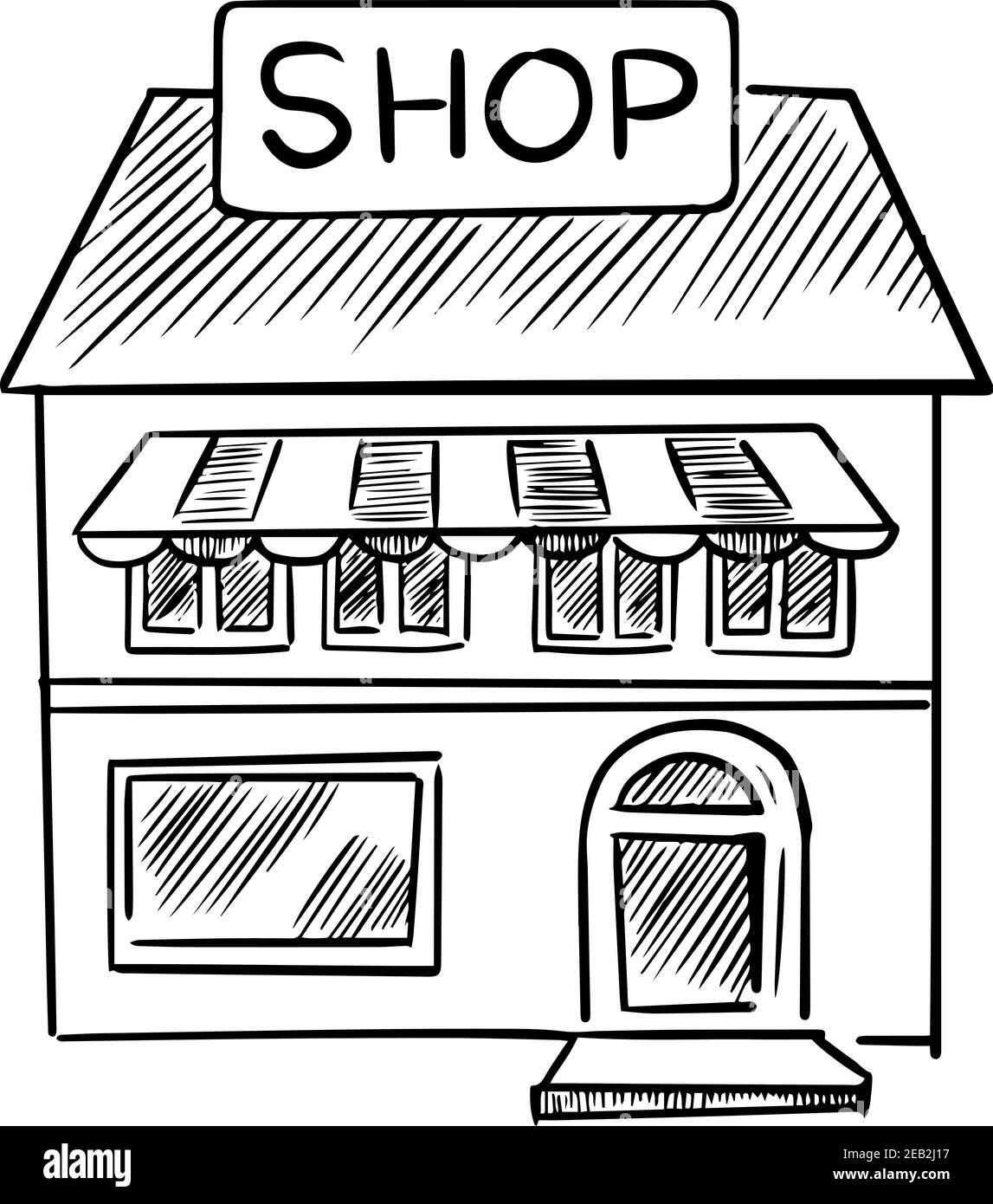 Façade de magasin avec auvent rayé et panneau avec texte Boutique isolé sur fond blanc, style esquisse Illustration de Vecteur