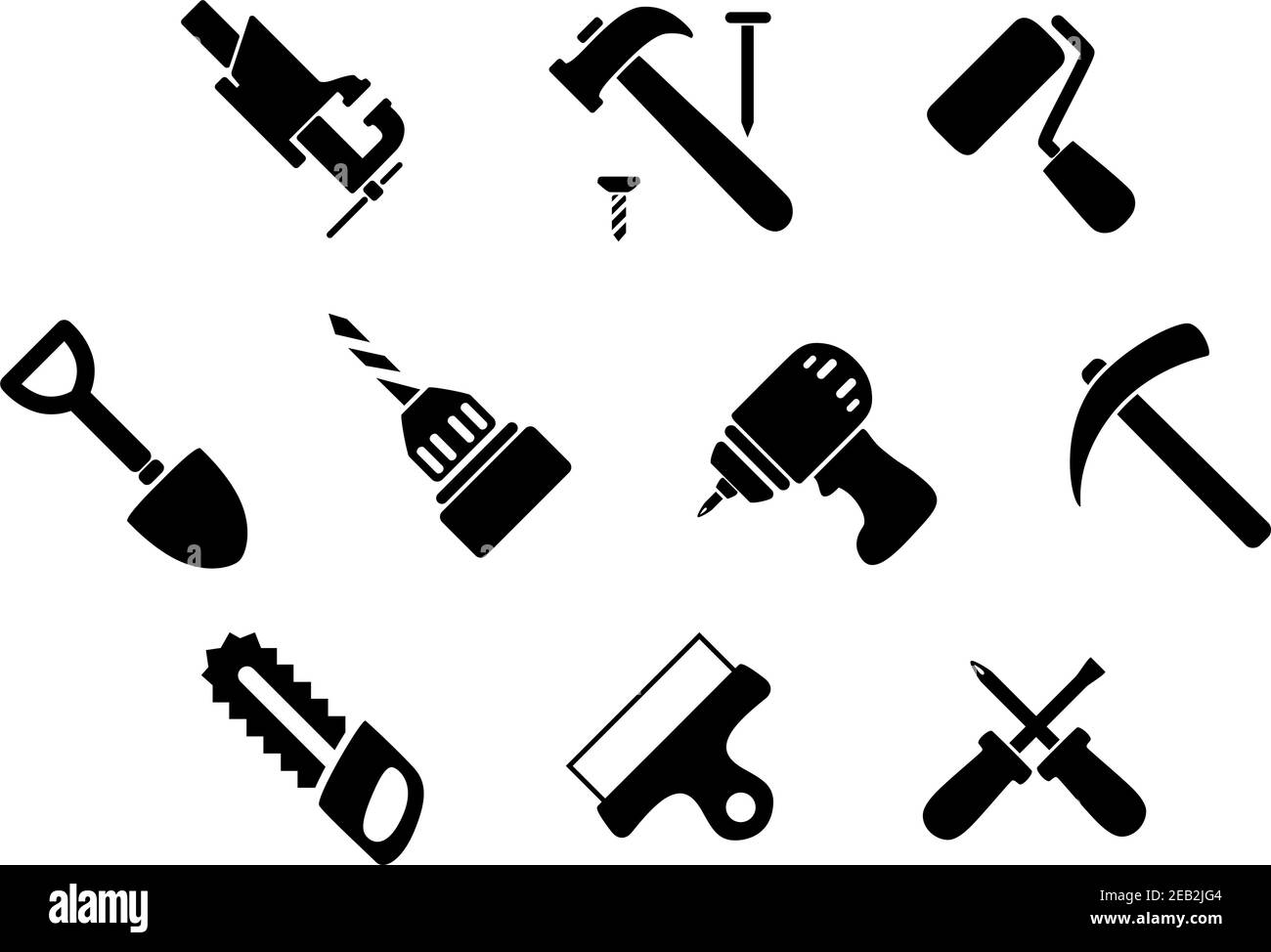 Marteau avec clous, tournevis croisés, scie à main, pelle, rouleau à peinture, étau d'établi, perceuse, spatule large, perceuse à percussion et icônes de pioche Illustration de Vecteur
