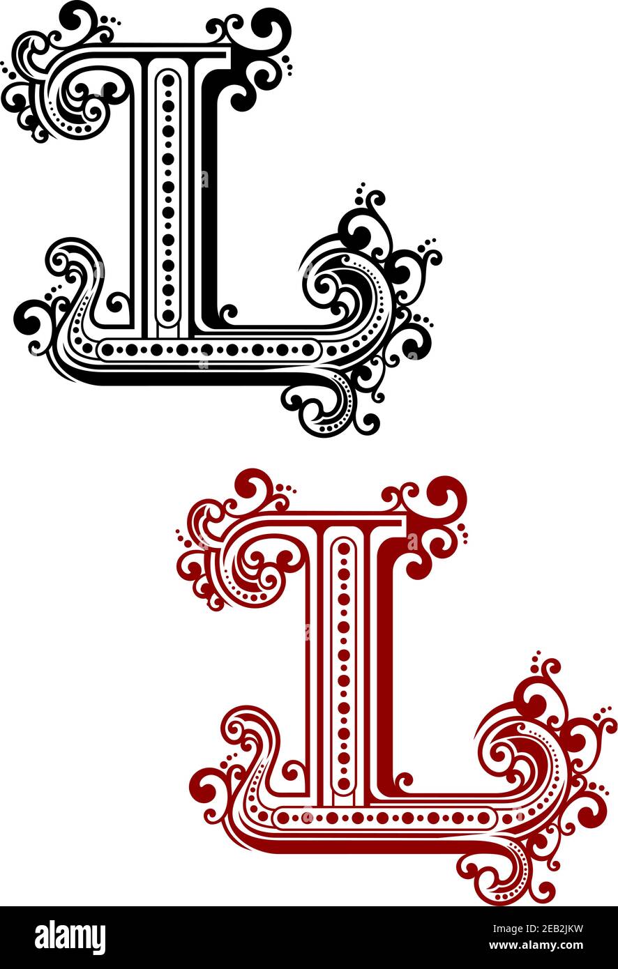 Lettre majuscule gothique L avec curligues ornementales vintage et éléments décoratifs calligraphiques, pour la conception de monogrammes ou de polices Illustration de Vecteur