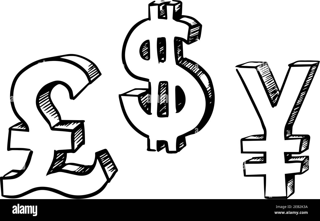 Esquissez des panneaux de devises avec les icônes de livre sterling, dollar et yen, noir et blanc Illustration de Vecteur