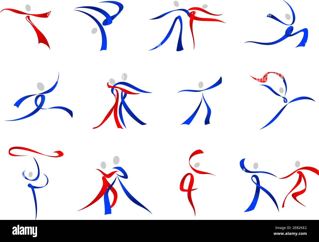 Symboles modernes stylisés et fluides des danseurs en rouge et bleu une variété de poses de danse Illustration de Vecteur
