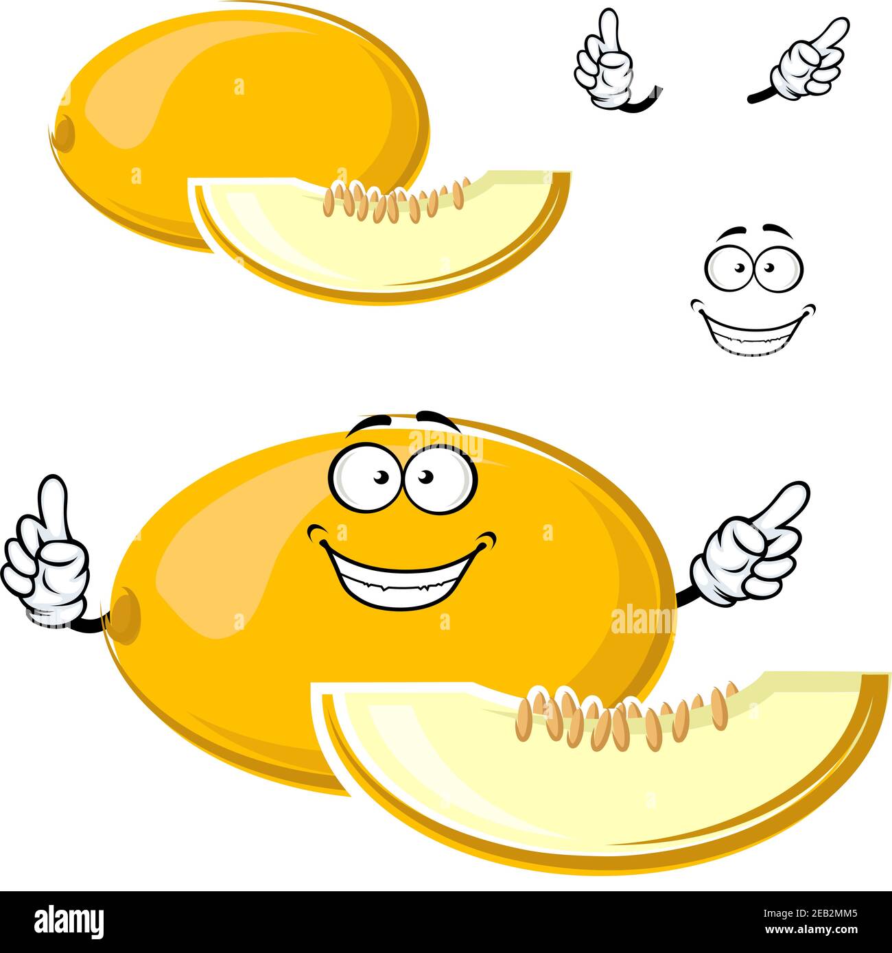 Personnage de dessin animé jaune vif aux fruits du melon canari avec tranche sucrée, graines et sourire heureux pour des aliments frais sains ou des thèmes d'agriculture Illustration de Vecteur