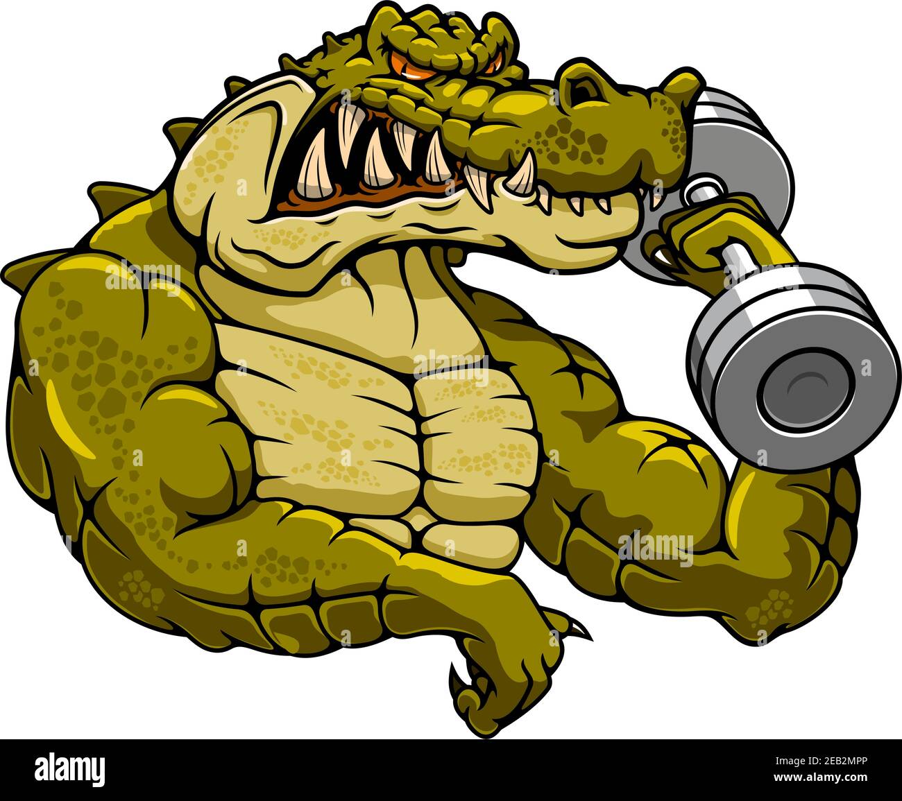 Mascotte de dessin animé de carrossier de crocodile musclé avec haltères pour la forme physique ou sur le thème de la mascotte de gym Illustration de Vecteur