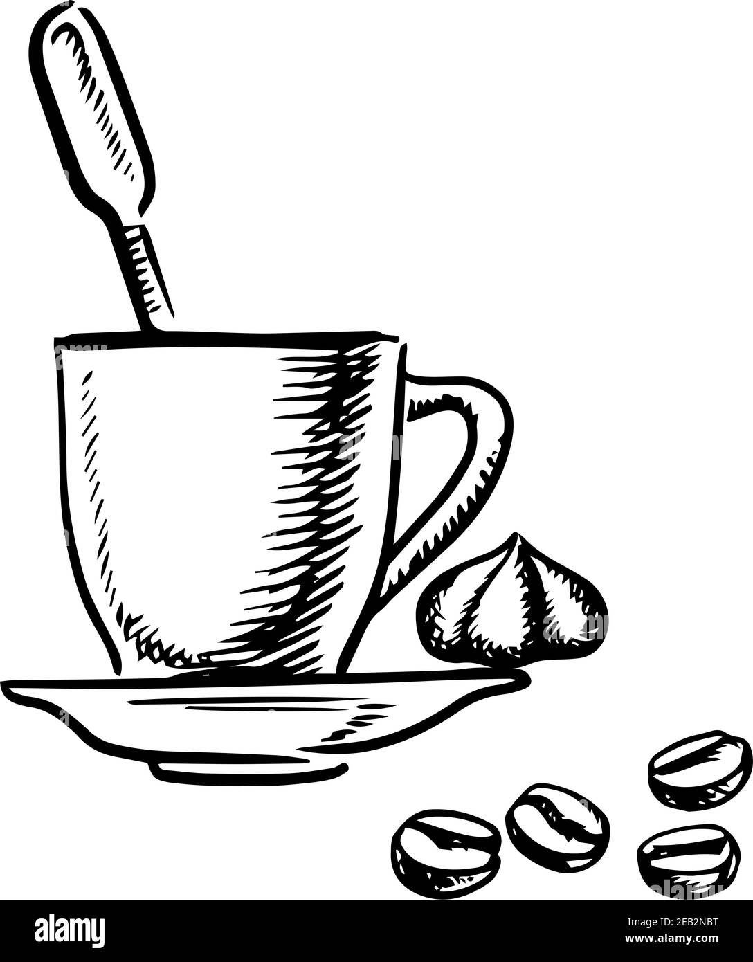 Tasse de café avec crème fouettée et grains de café rôtis, isolée sur fond blanc, esquisse style Illustration de Vecteur