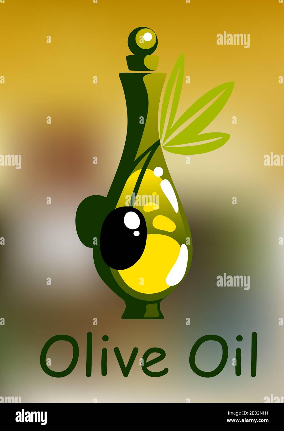 Bouteille d'huile d'olive avec bouchon arrondi et fruits d'olive noirs mûrs sur une branche verte, pour une alimentation végétarienne saine Illustration de Vecteur