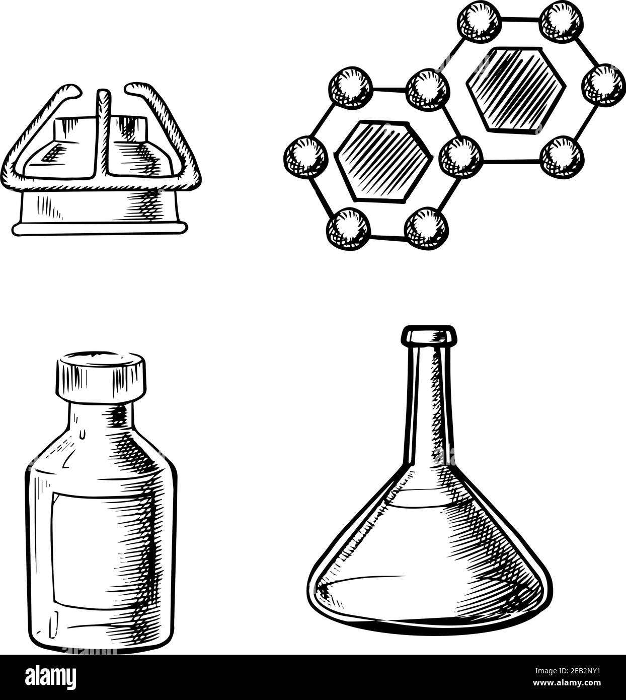 Flacon de laboratoire, brûleur à gaz, bouteille et formule de molécules icônes dans le style de dessin, chimie ou de la conception de thèmes scientifiques Illustration de Vecteur
