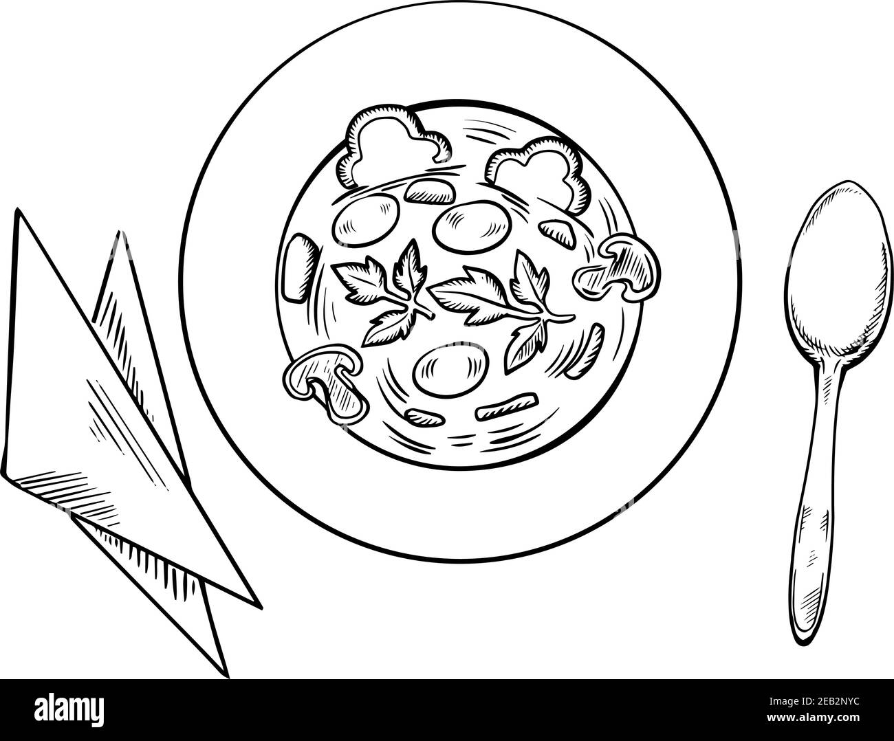 Soupe végétarienne avec champignons en tranches, carottes, légumes au poivron et persil frais dans une assiette avec cuillère et serviettes, style esquisse Illustration de Vecteur