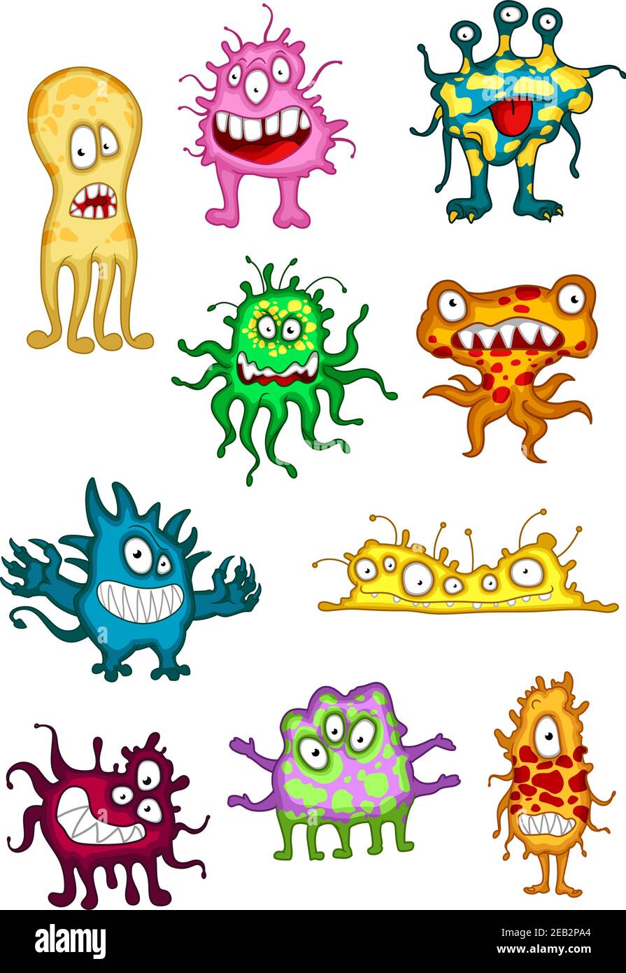 Monstres, démons, bêtes et mutants mignons de style dessin animé, avec des yeux godiants. Pour les fêtes d'Halloween ou la fête Illustration de Vecteur
