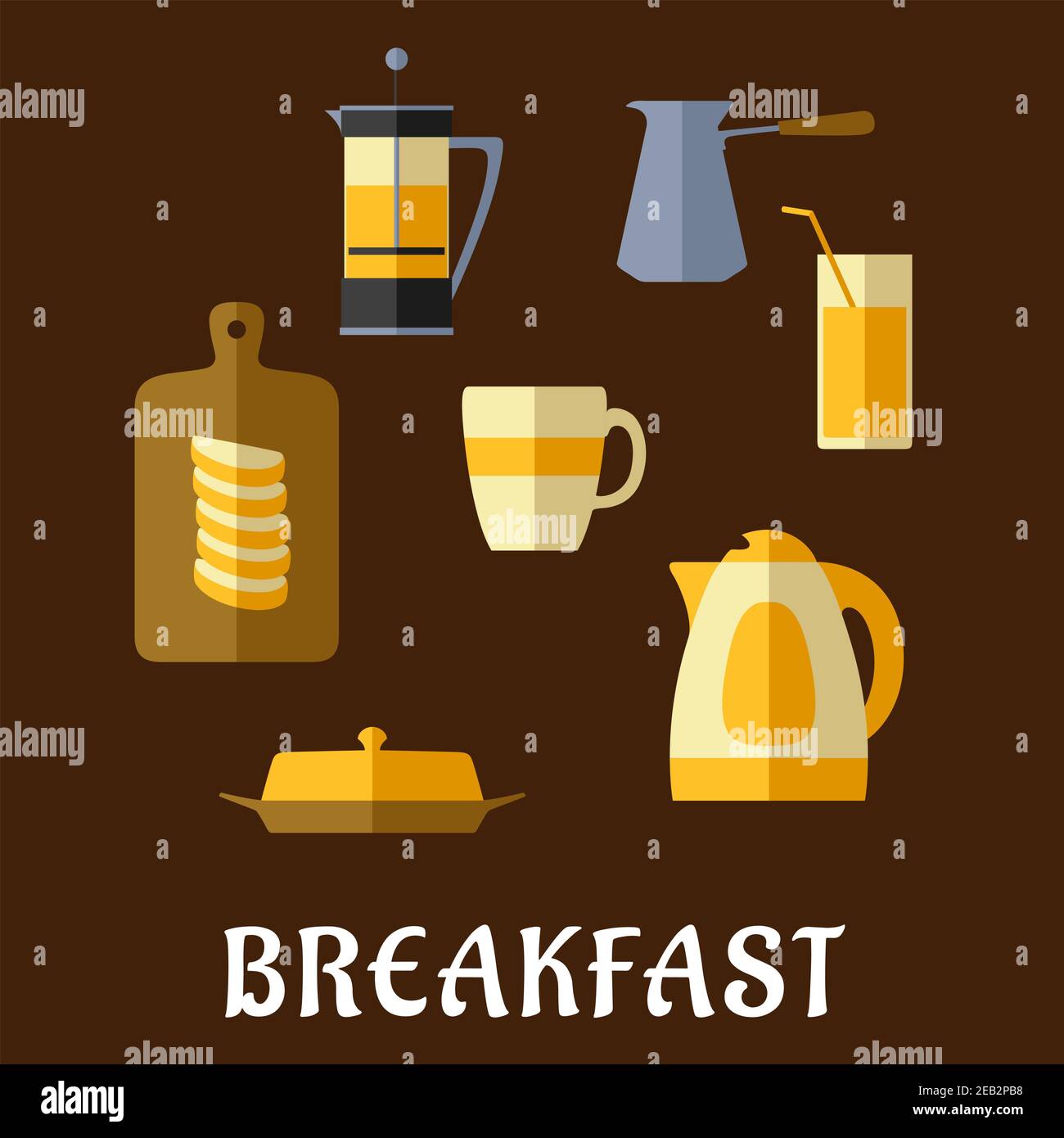 Plats et boissons pour le petit déjeuner icônes plates avec café et thé fraîchement préparés, pots, tasse, verre de jus, beurre, pain en tranches sur planche à découper et cercueil électrique Illustration de Vecteur