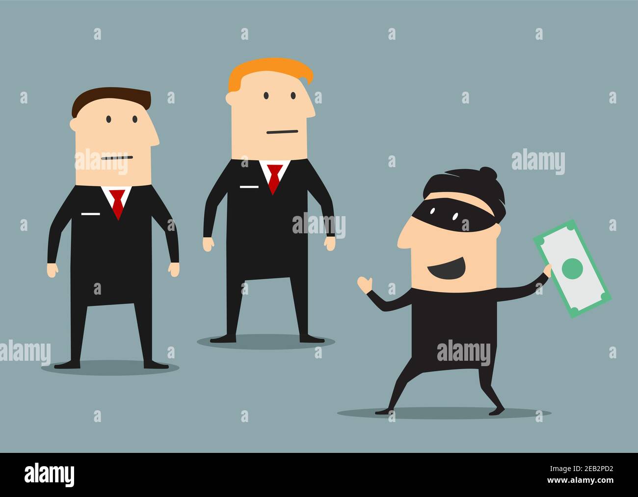 Des agents de sécurité confiants ont attrapé le voleur en noir avec de l'argent volé en main. Style dessin animé plat Illustration de Vecteur