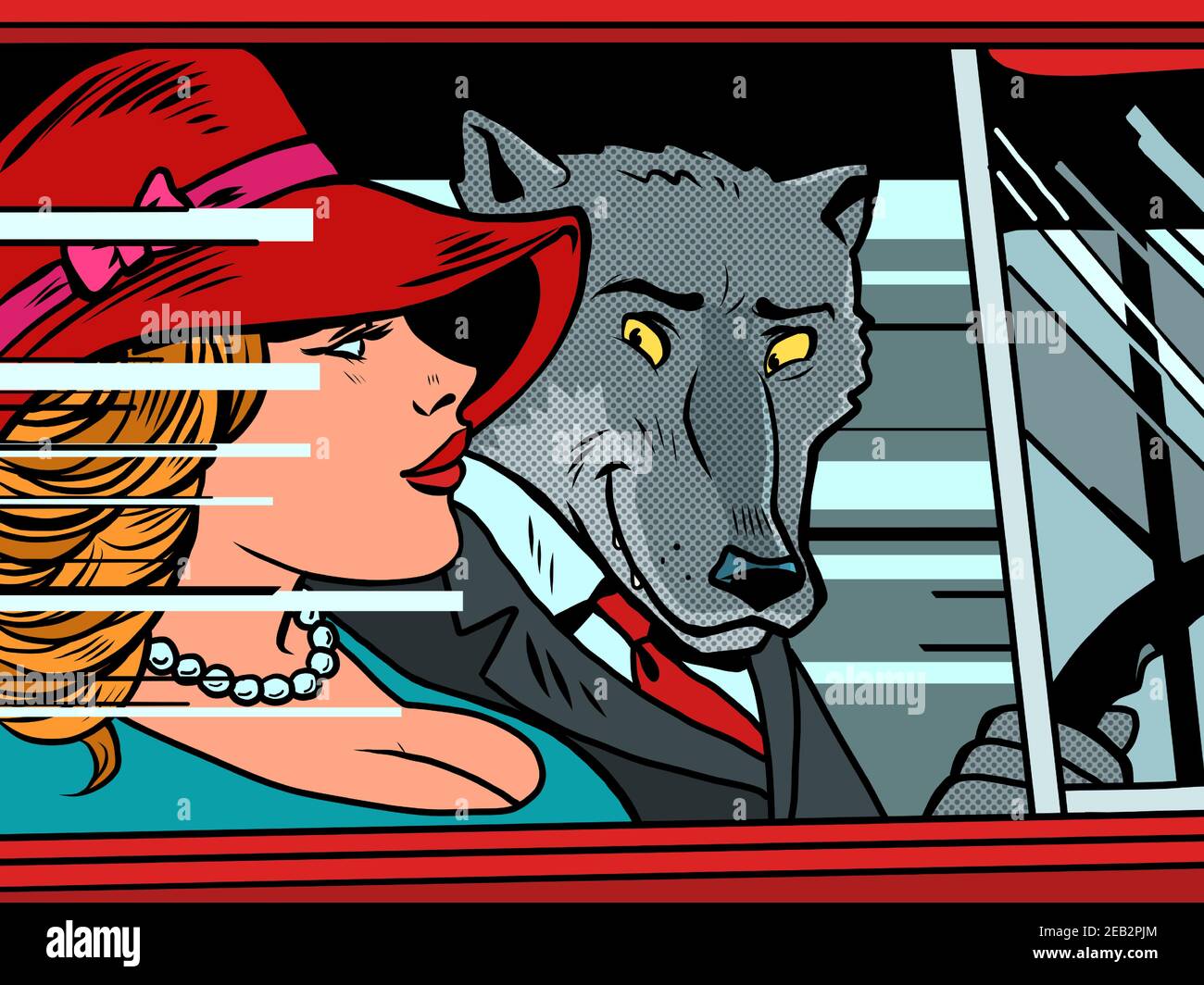 Wolf et Little Red Riding Hood dans la voiture Illustration de Vecteur