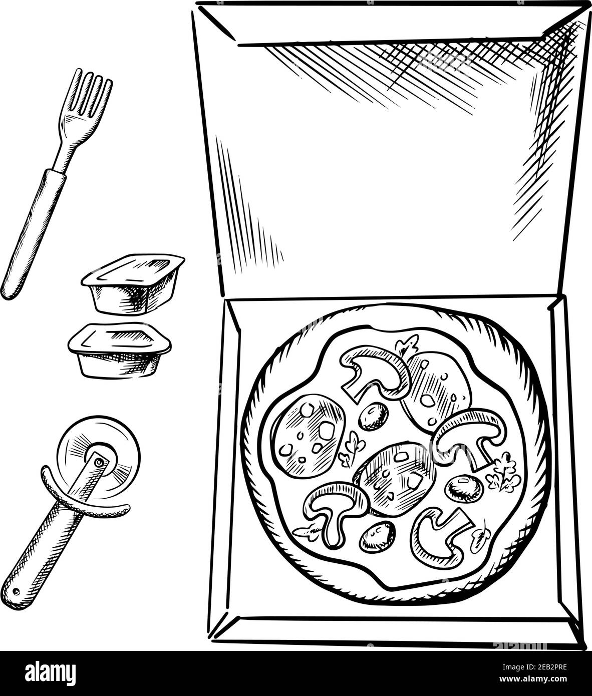 Pizza italienne à restauration rapide avec salami, champignons et olives dans une boîte en carton et des tasses de sauce, fourchette, coupe-pizza isolé sur fond blanc, esquisse de la sty Illustration de Vecteur