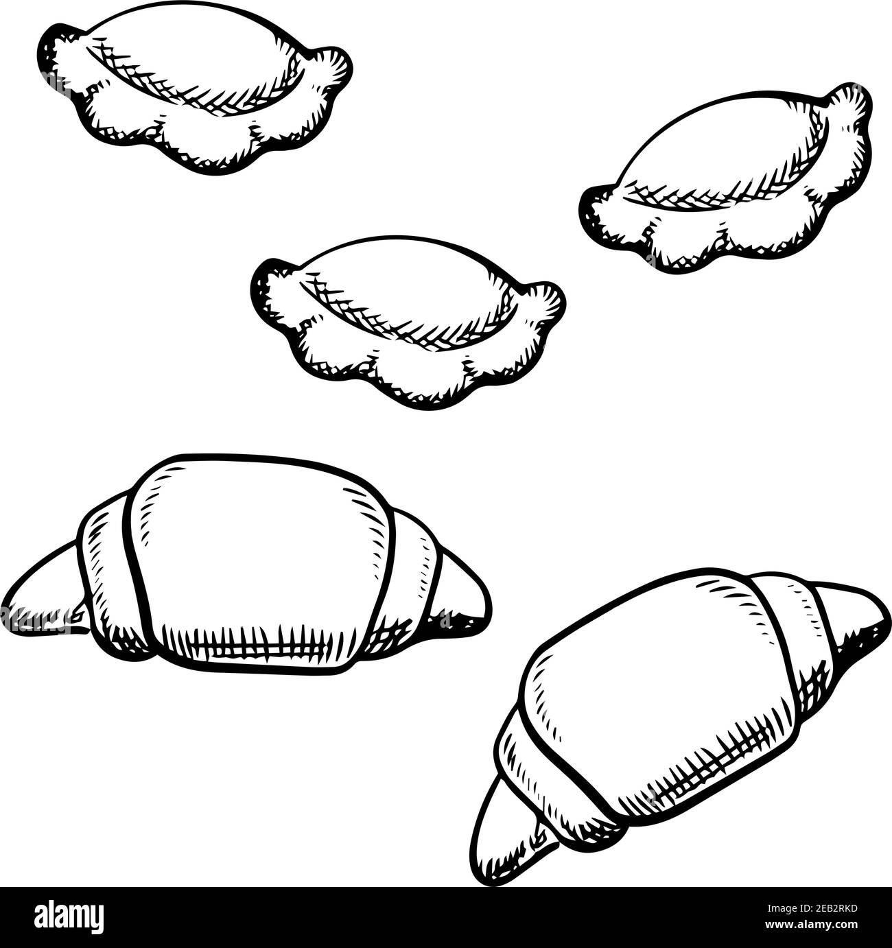 Raviolis italiens faits maison et croissants français frais isolés sur fond blanc, dans un style esquisse Illustration de Vecteur
