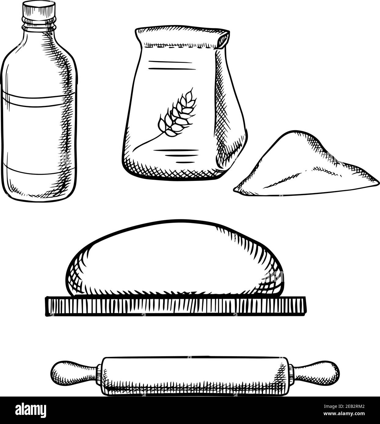 Pâte sur planche à découper avec broche roulante en bois, sac en papier de farine et bouteille de lait isolée sur fond blanc, style croquis Illustration de Vecteur