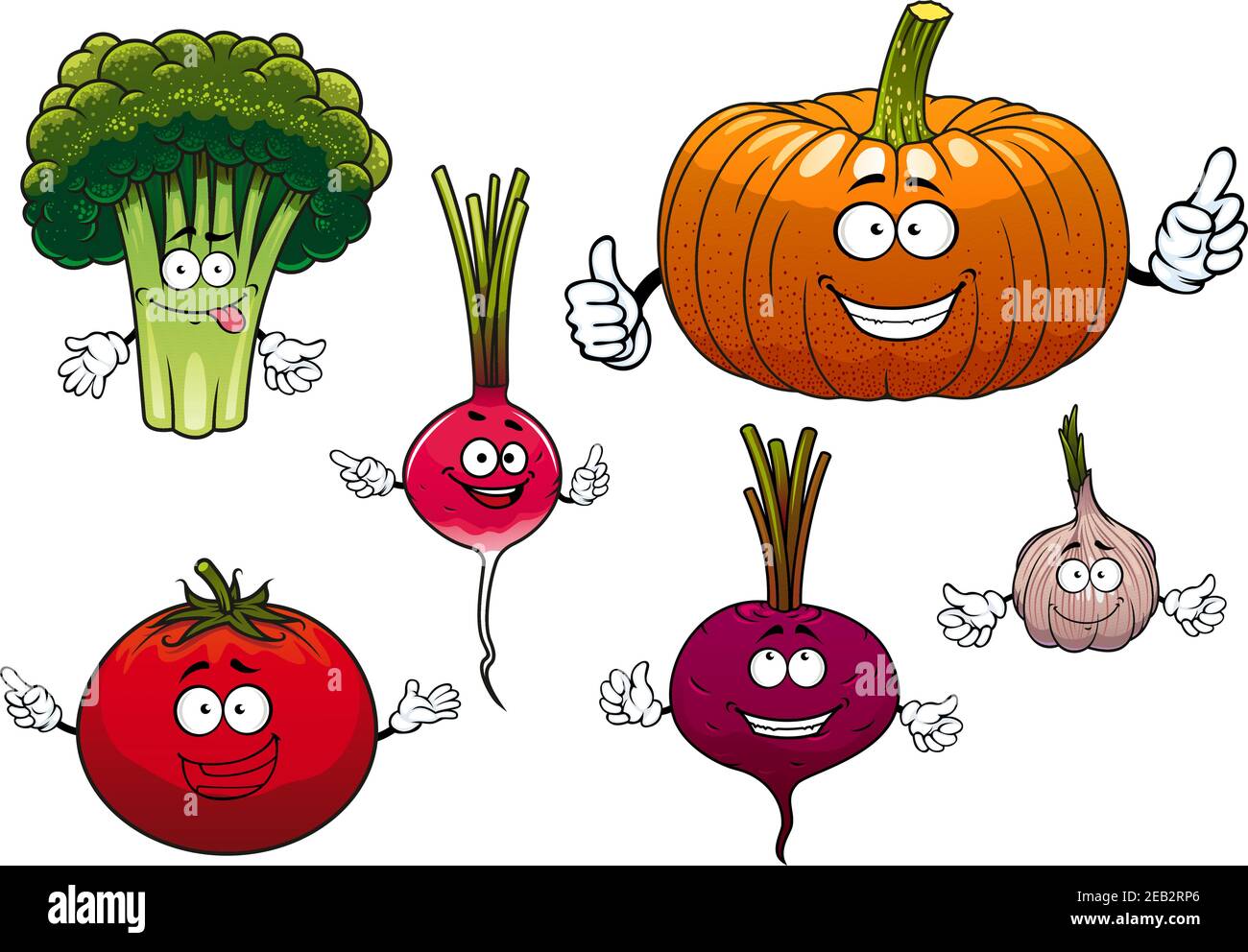 Caricature isolé personnages de légumes drôles avec visages heureux et des bras d'ondulation incluant le coléoptère, le brocoli, le radis, la citrouille, la tomate et l'ail, isolat Illustration de Vecteur
