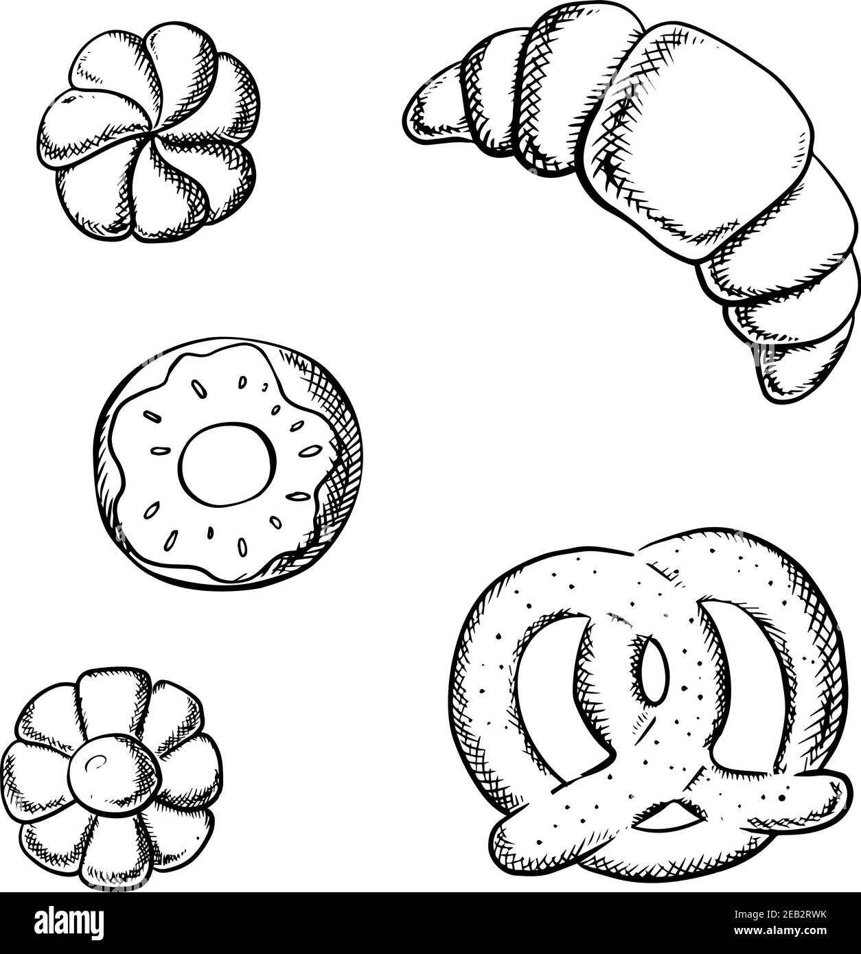 Croissant frais, bretzel, beignet de glace et de saupoudrage, biscuits au sucre isolés sur fond blanc pour le thème de la boulangerie, style esquisse Illustration de Vecteur