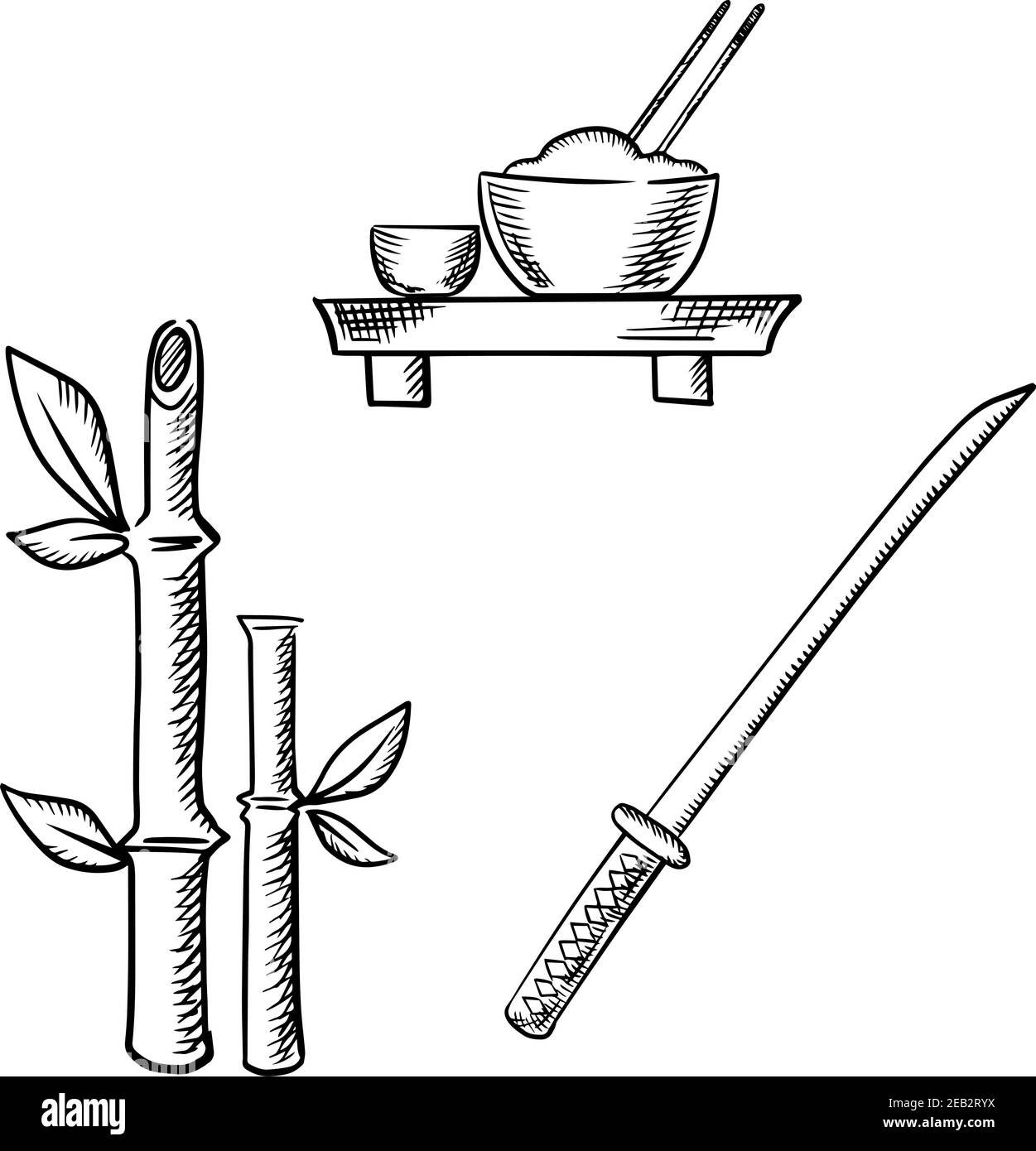 Riz dans un bol avec baguettes et saké sur la table de plancher, tiges de bambou avec feuilles et samatai katana épée isolée sur fond blanc. Images d'esquisse pour Illustration de Vecteur