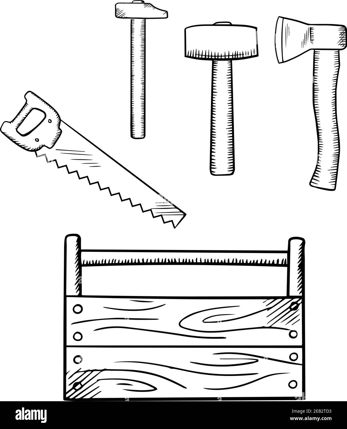 Boîte à outils en bois faite à la main avec marteaux, hache et scie à main, pour la conception d'outils de menuiserie, icônes d'esquisse Illustration de Vecteur