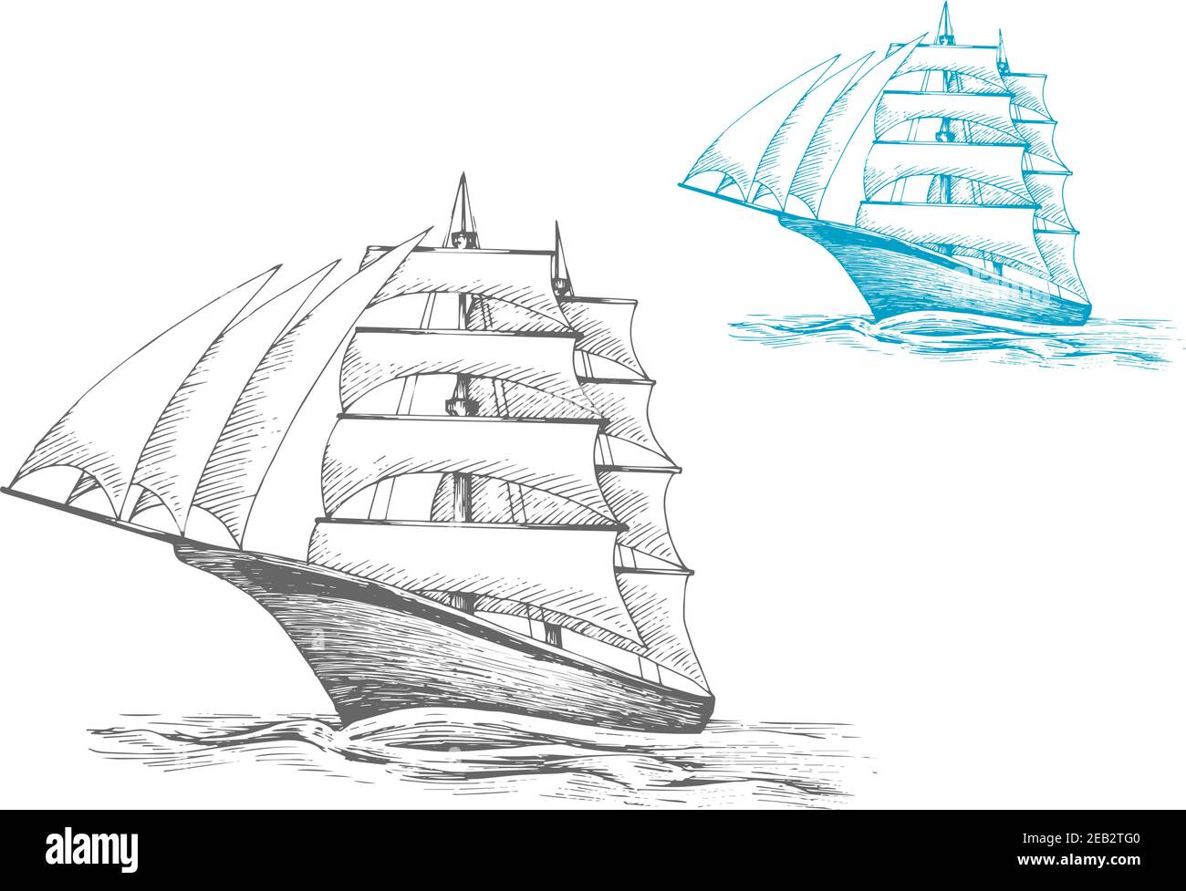 Trois voiliers à voile ou barques avec des mâts sous les voiles dans la mer ondulée, pour les thèmes nautiques, aventure ou voyage Illustration de Vecteur