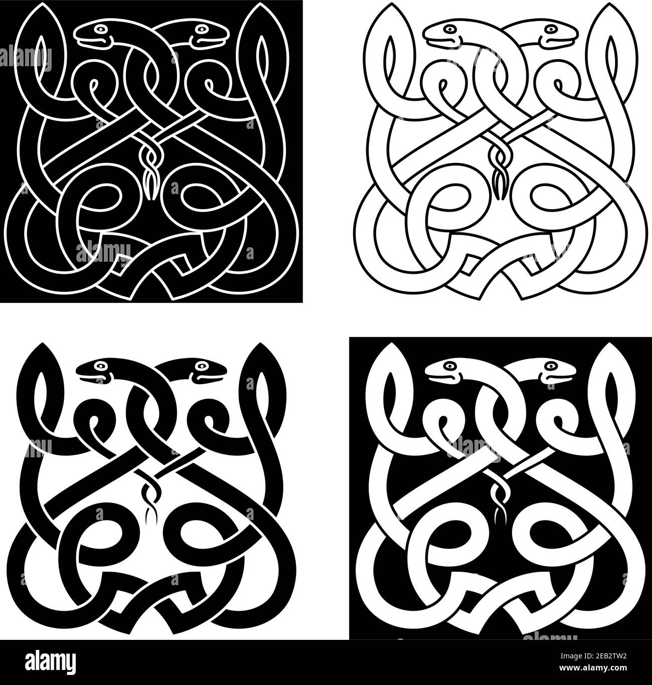 Les serpents celtiques ethniques ornent avec des reptiles torsadés, ornés d'éléments tribaux. Style monochrome Illustration de Vecteur