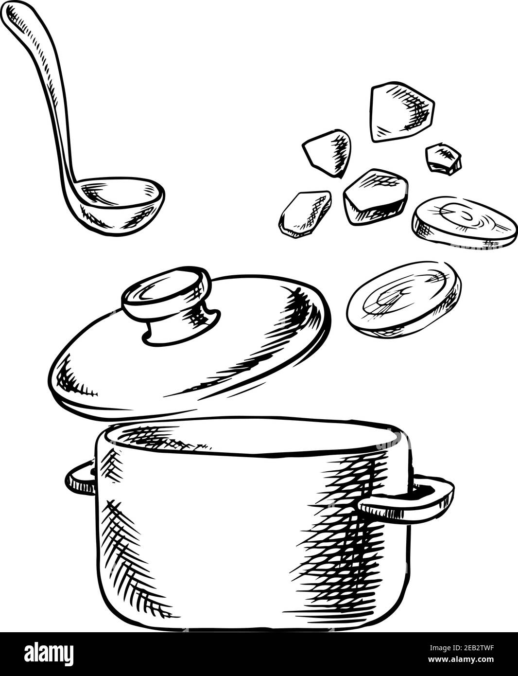 Processus de cuisson de soupe de légumes croquis avec pot de cuisson, louche et tranches de carottes fraîches et légumes de pomme de terre, pour un thème sain de nourriture végétarienne Illustration de Vecteur