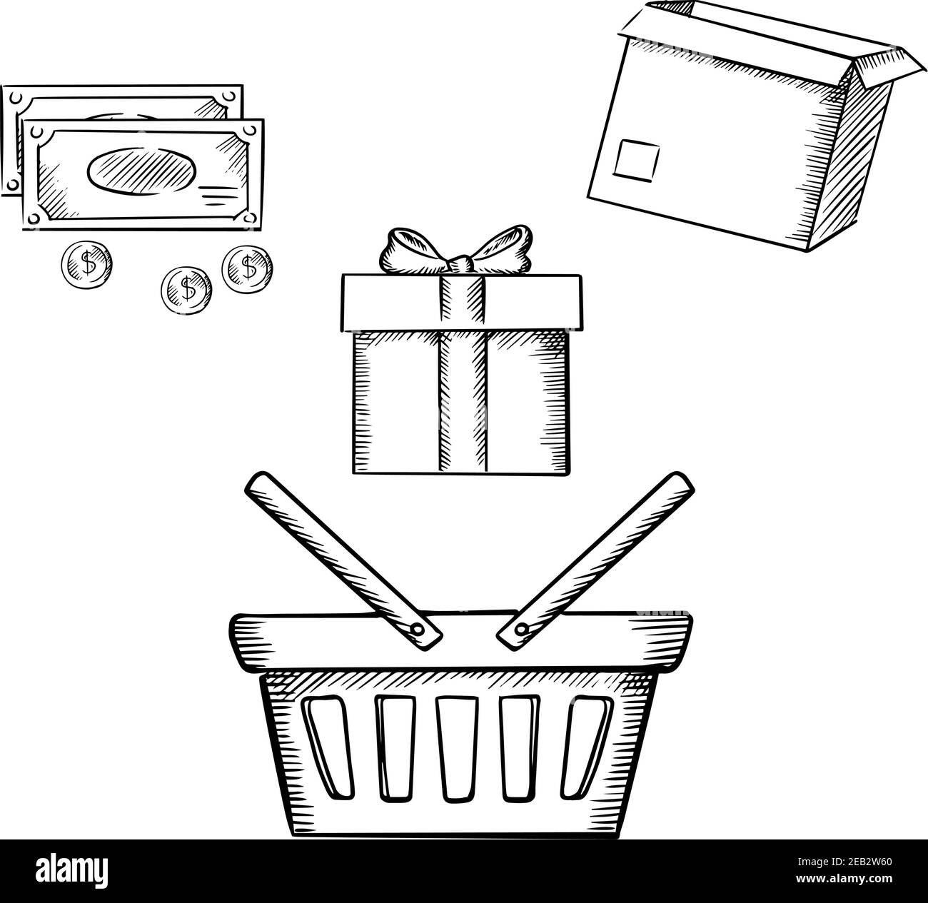 Panier, boîte-cadeau avec noeud en ruban, paquet en carton, billets d'argent et pièces de monnaie. Dessiner des icônes pour le thème d'achat Illustration de Vecteur