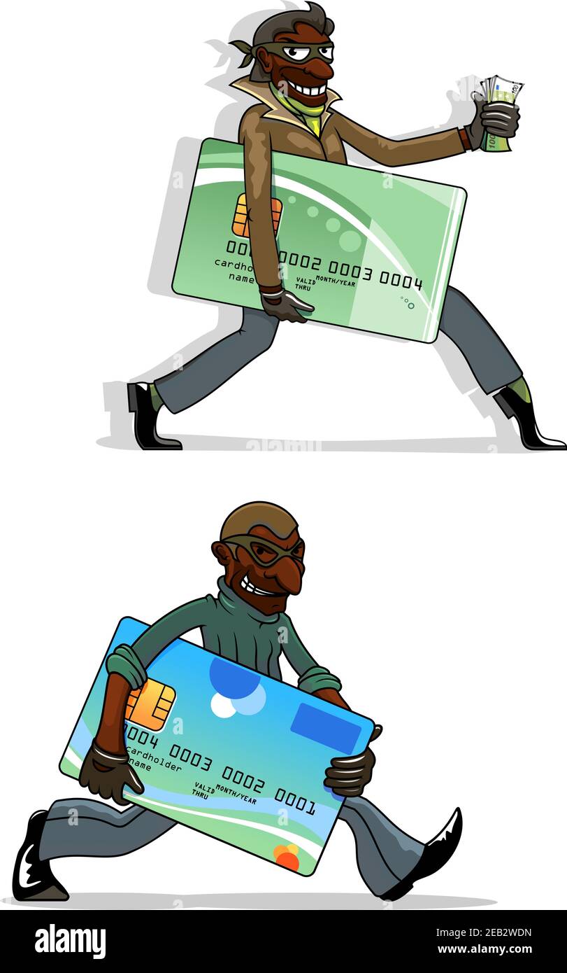 Les voleurs d'Afro-américains ont des personnages de dessin animé avec des cartes bancaires en plastique volées et de l'argent entre les mains. Pour la cybercriminalité ou le concept de thème criminel Illustration de Vecteur
