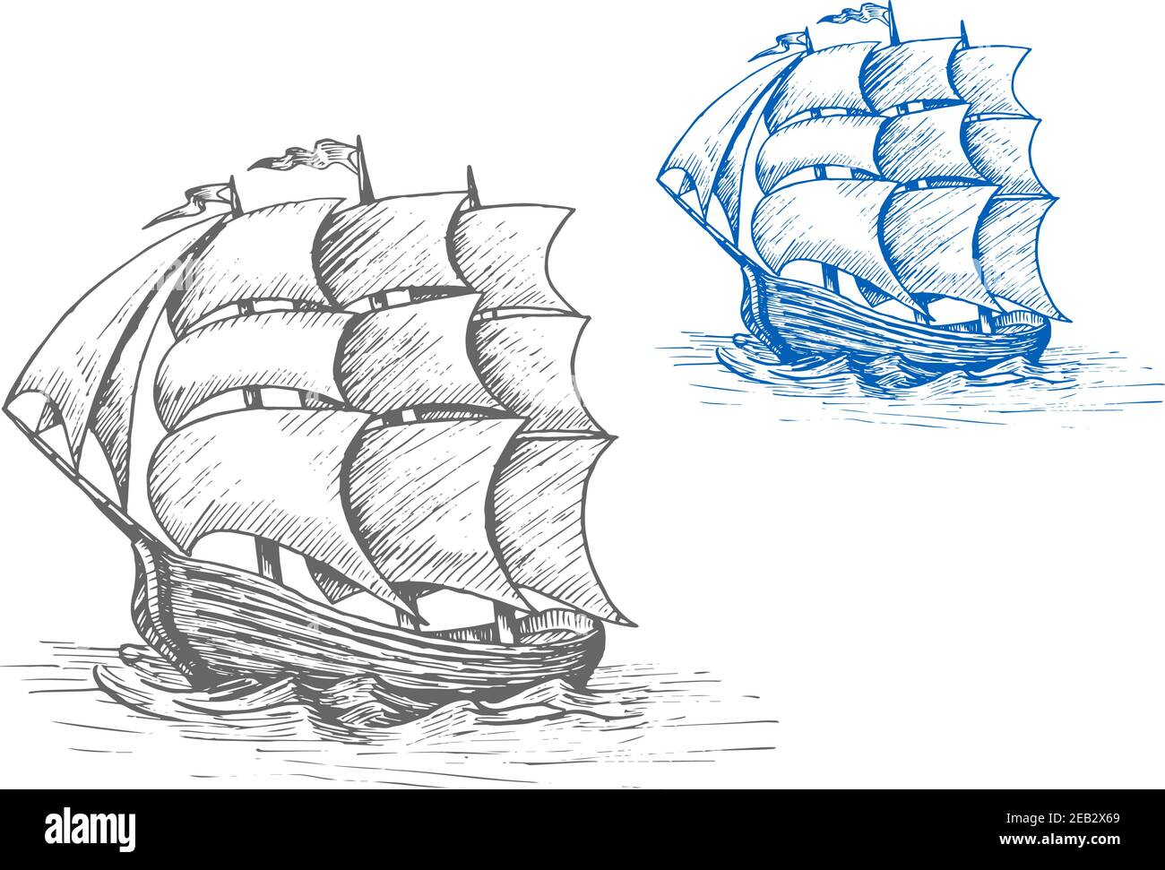 Croquis de vieux voilier avec voiles et drapeaux de billing dans les vagues de stormy, pour l'aventure marine ou le dessin nautique Illustration de Vecteur
