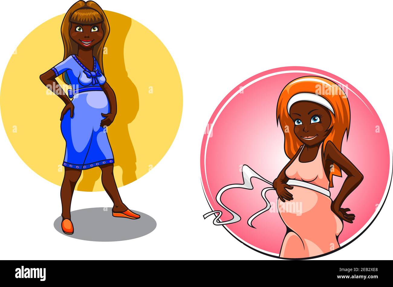 Caricature Femmes Africaines Americaines Enceintes Dans Des Robes Confortables Colorees Caresses Ventre Avec Des Sourires Heureux Pour La Grossesse Ou Le Theme De Douche De Bebe Image Vectorielle Stock Alamy