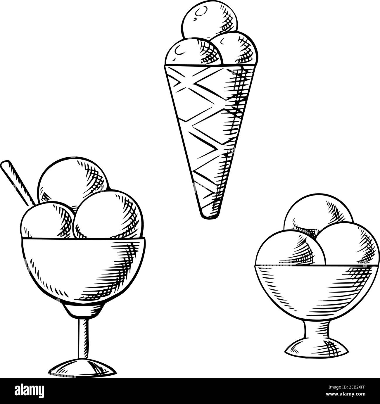 Délicieux cône de glace douce avec gaufres de sucre et desserts sundae avec boules de glace dans des bols rétro, décorés de rouleaux de gaufres. Icônes d'esquisse pour Illustration de Vecteur