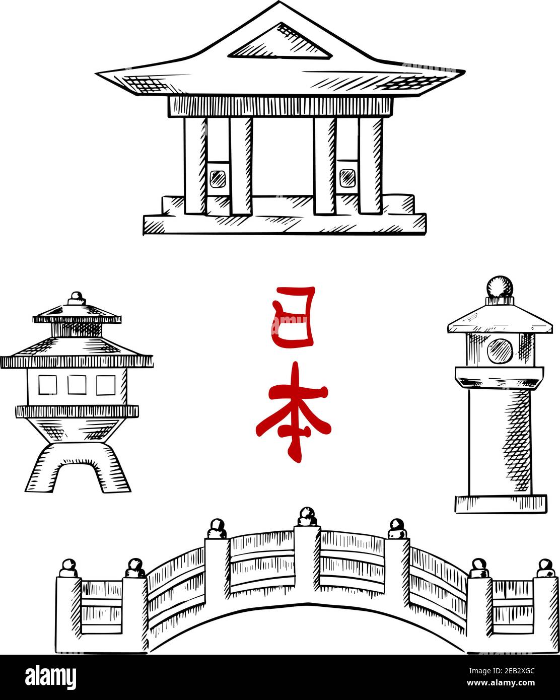 Icônes de l'architecture japonaise traditionnelle avec pont, temple et lanternes en pierre. Pour la culture orientale et le design de voyage, dessinez des icônes Illustration de Vecteur