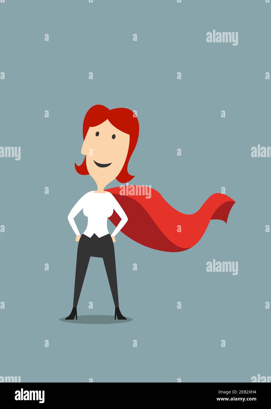 Caricature femme d'affaires courageuse debout dans le cape rouge héros debout avec les mains sur les hanches, pour la réussite ou la conception de concept de leadership Illustration de Vecteur