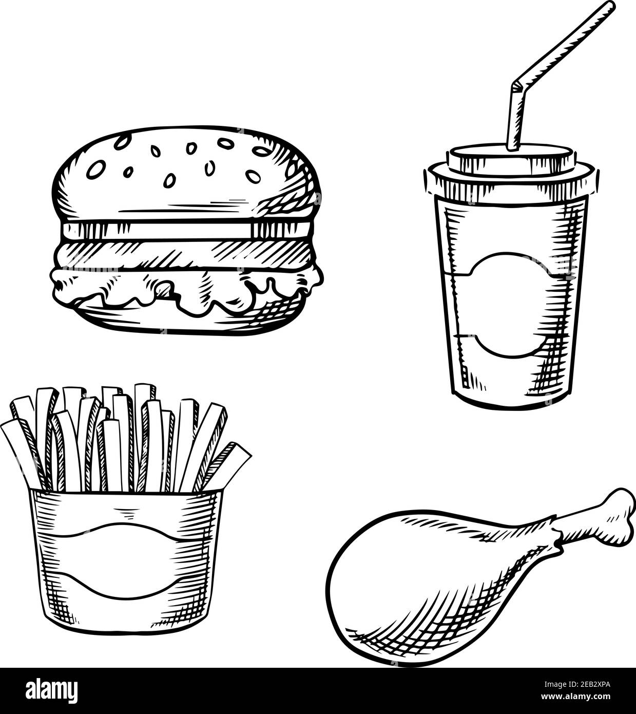 Hamburger de restauration rapide avec légumes frais, gobelet en papier soda avec paille, frites dans une boîte à emporter et cuisse de poulet frite. Images d'esquisse Illustration de Vecteur
