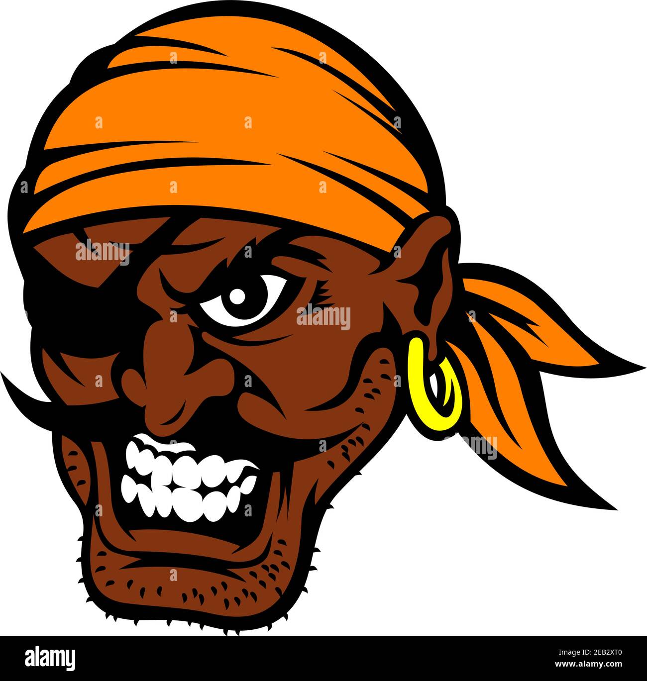 Personnage pirate furieux de dessin animé noir moustaché avec patch pour  les yeux, bandanna orange et boucle d'oreille or, dents de barrage dans le  sourire mauvais Image Vectorielle Stock - Alamy