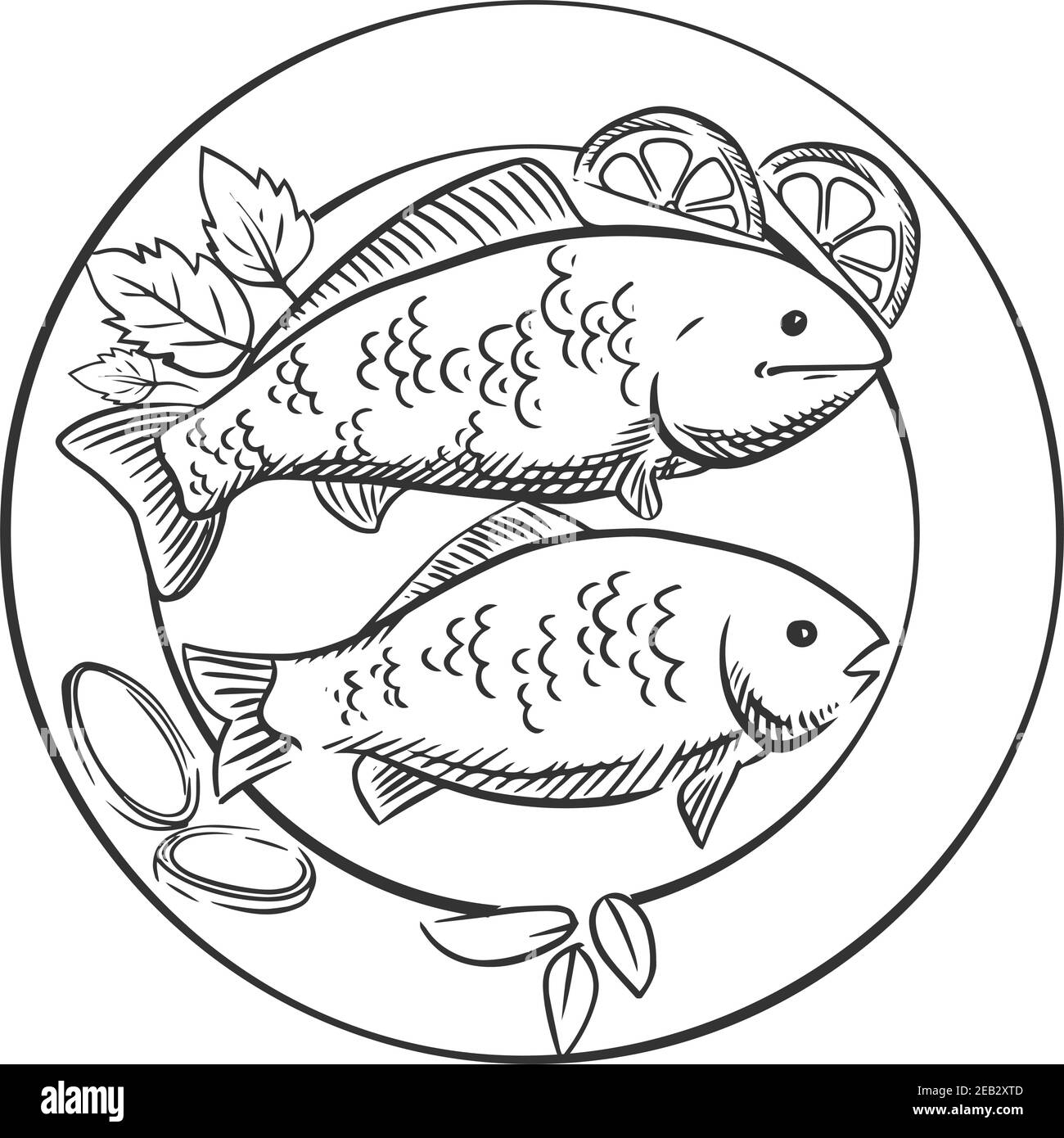Poisson frit sur l'assiette avec des herbes fraîches épicées, des tranches de citron et des rondelles d'oignon. Pour la conception de menu de fruits de mer, style esquisse Illustration de Vecteur