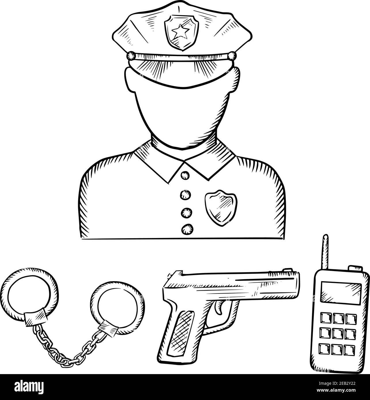 Policier en uniforme et casquette à visière avec menottes, arme à feu et émetteur-récepteur radio portatif. Dessiner des icônes pour la conception de thème de profession Illustration de Vecteur