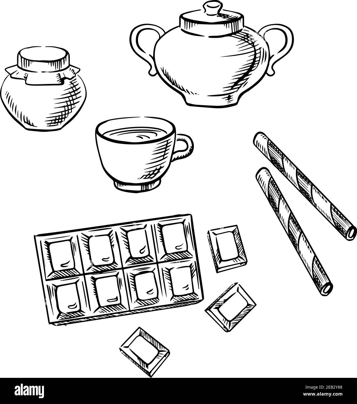 Une tasse de café ou de thé avec une barre de chocolat, un pot à miel, des rouleaux de gaufres et un bol à sucre sont des icônes Illustration de Vecteur