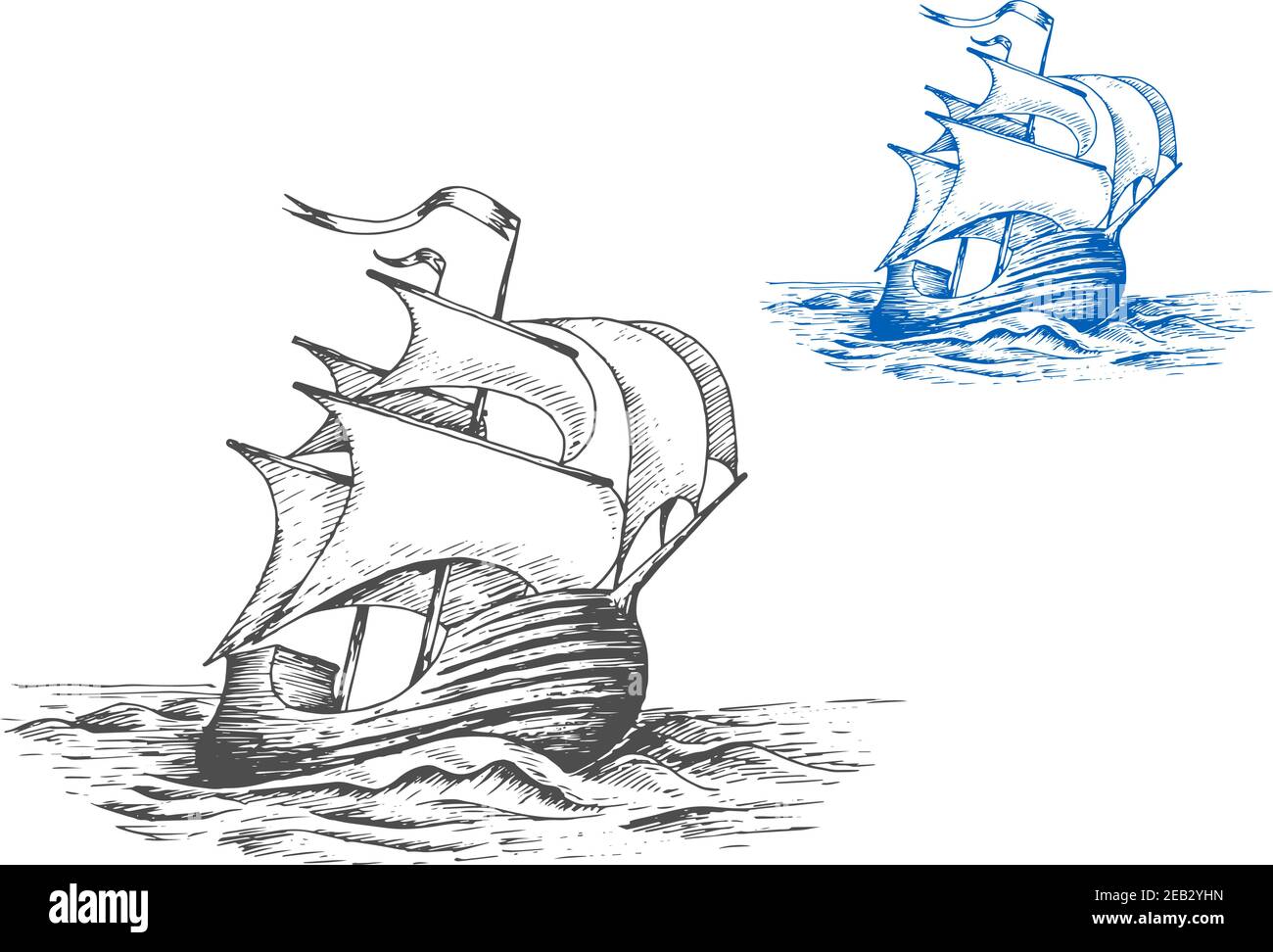 Grand navire médiéval en bois sous des voiles pleines faisant tourner la manœuvre dans l'océan de tempête, pour l'aventure marine ou la conception de voyage. Style d'esquisse Illustration de Vecteur