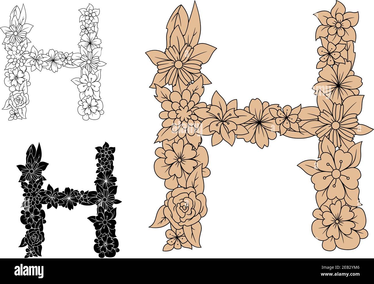 Police de caractères de lettres majuscules H, ornée de fleurs et de feuilles en fleurs, pour le monogramme ou le design romantique Illustration de Vecteur