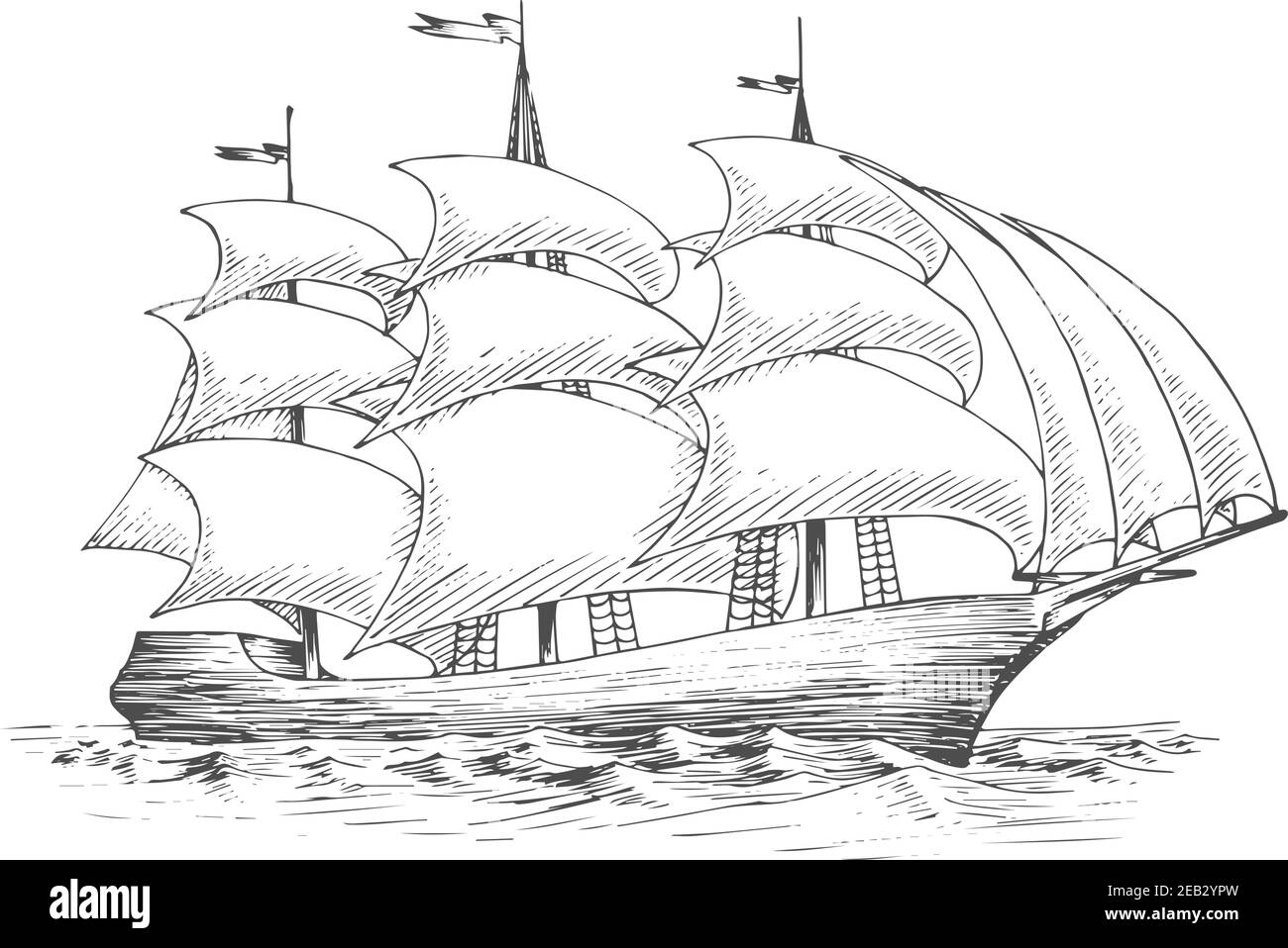 Grand voilier médiéval sur l'océan avec des voiles pleines de vent, pour le thème nautique, aventure ou voyage Illustration de Vecteur