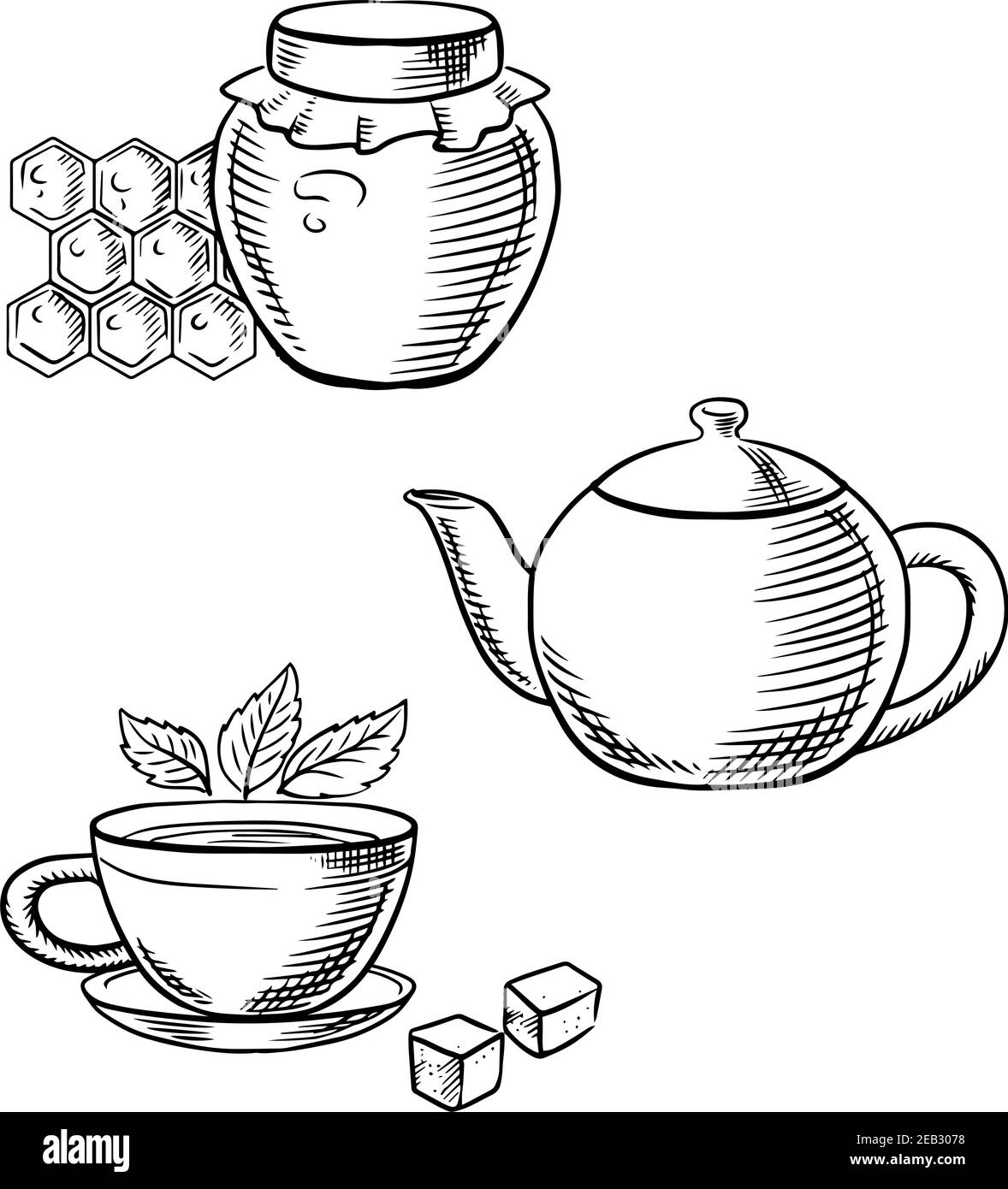 Tasse de thé avec des feuilles de thé fraîches et des cubes de sucre, théière rétro et pot en verre de miel avec nid d'abeille. Dessinez des icônes pour la nourriture et les boissons ou pour une pause santé Illustration de Vecteur