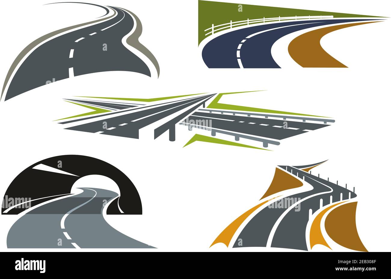 Icônes d'autoroutes modernes avec échangeur de dépassement, tunnel d'autoroute, routes rurales de contournement et route de montagne au-dessus du précipice. Pour un voyage ou un voyage en voiture Illustration de Vecteur