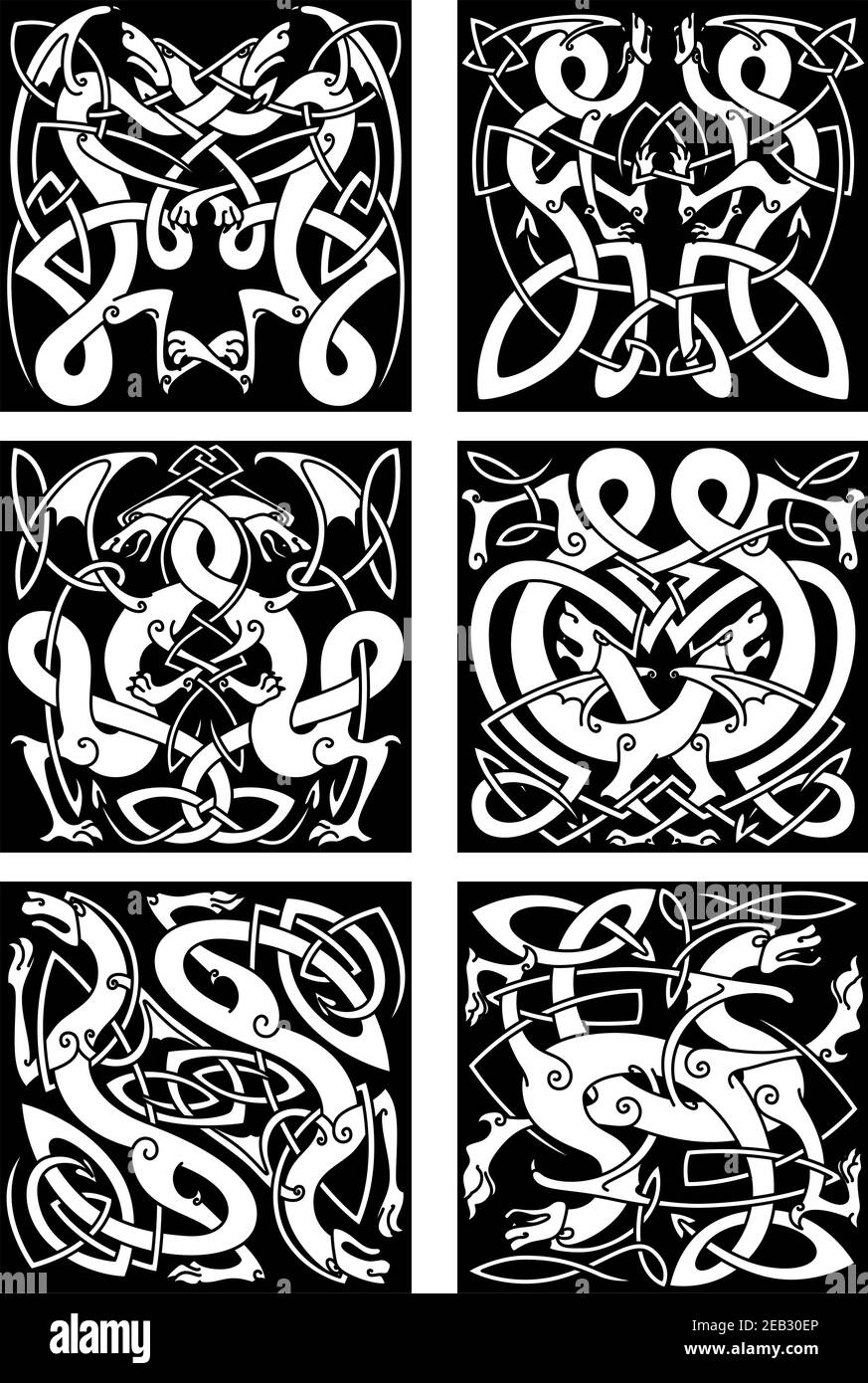 Motifs de nœud celtique médiéval de dragons avec ailes entinées et queues sur fond noir pour motif tatouage tribal Illustration de Vecteur