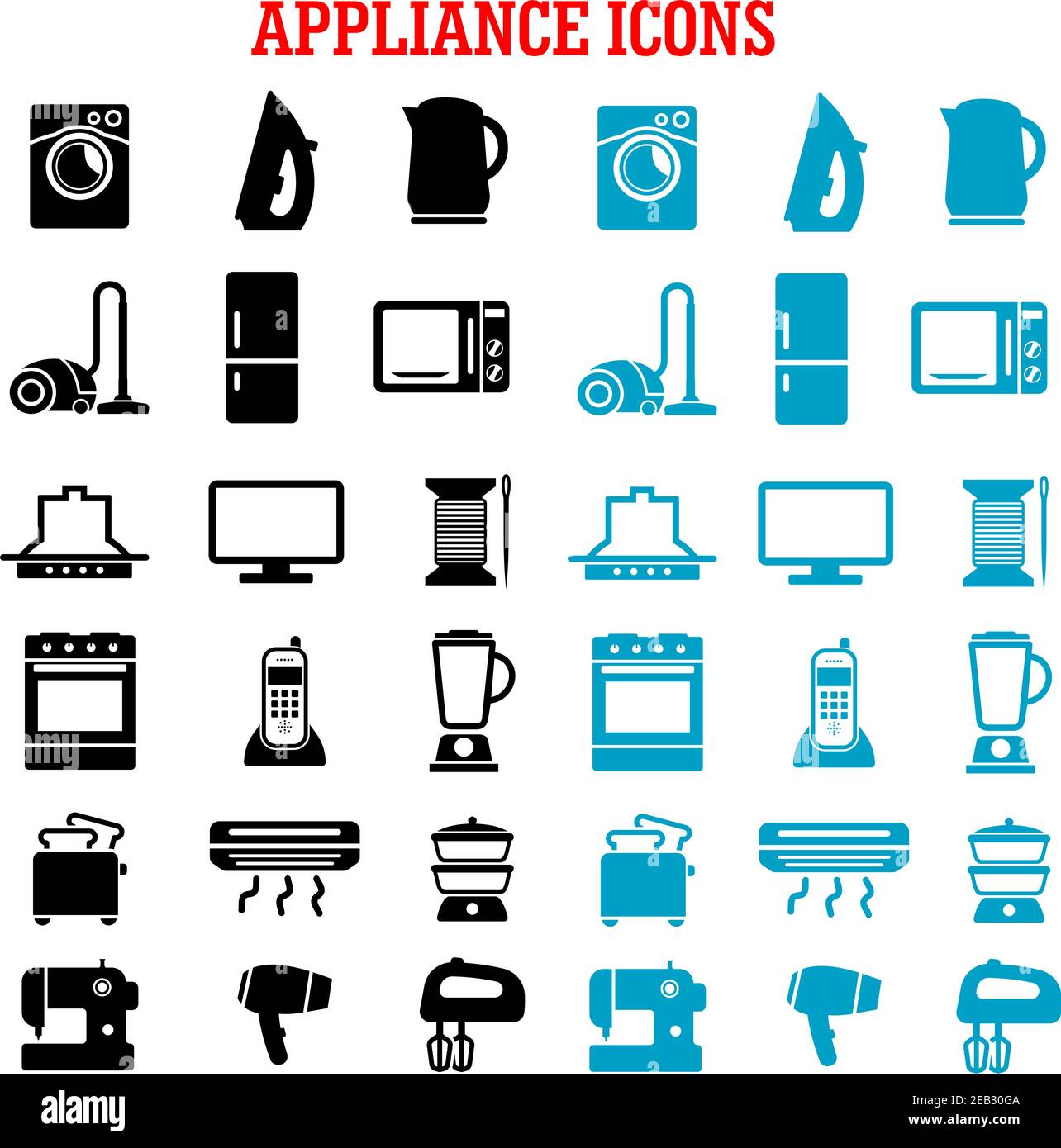 Icônes d'appareils ménagers avec four à micro-ondes, fer à repasser, réfrigérateur, grille-pain, télévision ensemble machines à laver et à coudre mixeur ventilateur cuisinière bouilloire climatiseur Illustration de Vecteur