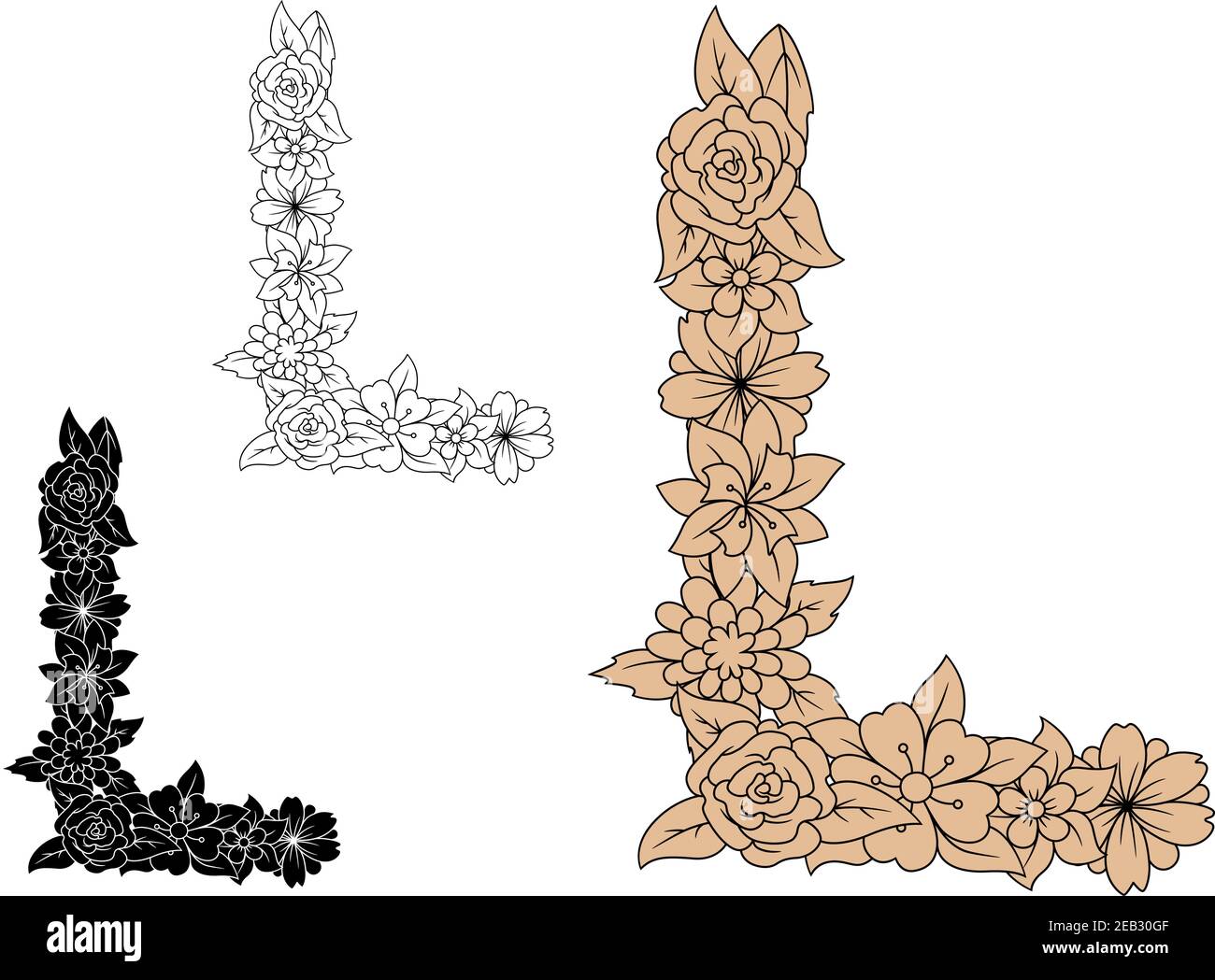 Vintage police florale ornementale lettre L majuscule, composé de fleurs et de feuilles luxuriantes Illustration de Vecteur